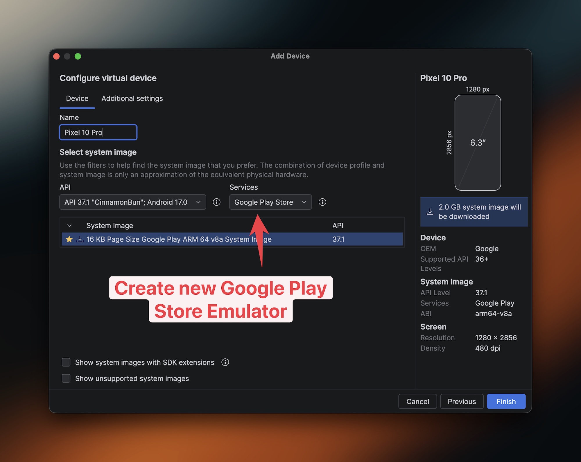 Select a Google Play Store system image in Android Studio Device Manager