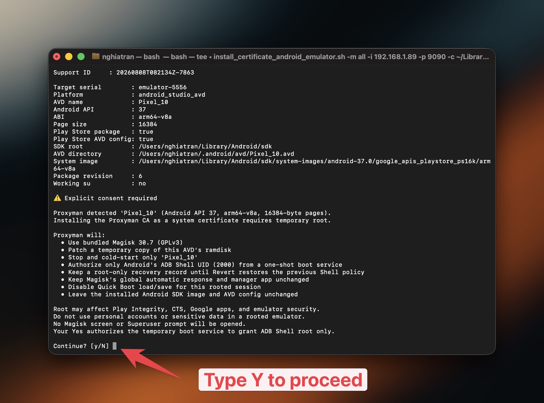 Confirm the temporary Magisk root setup in Terminal
