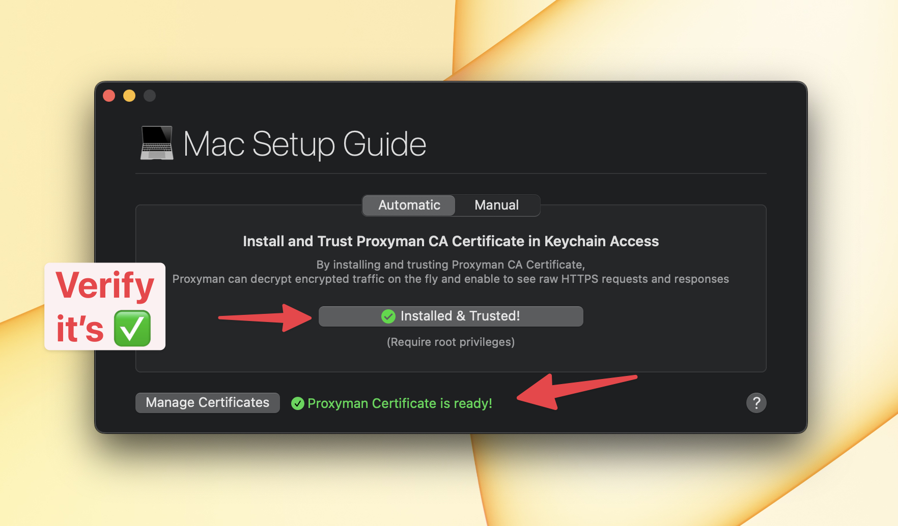 Verify the green checkmark on the Proxyman certificate
