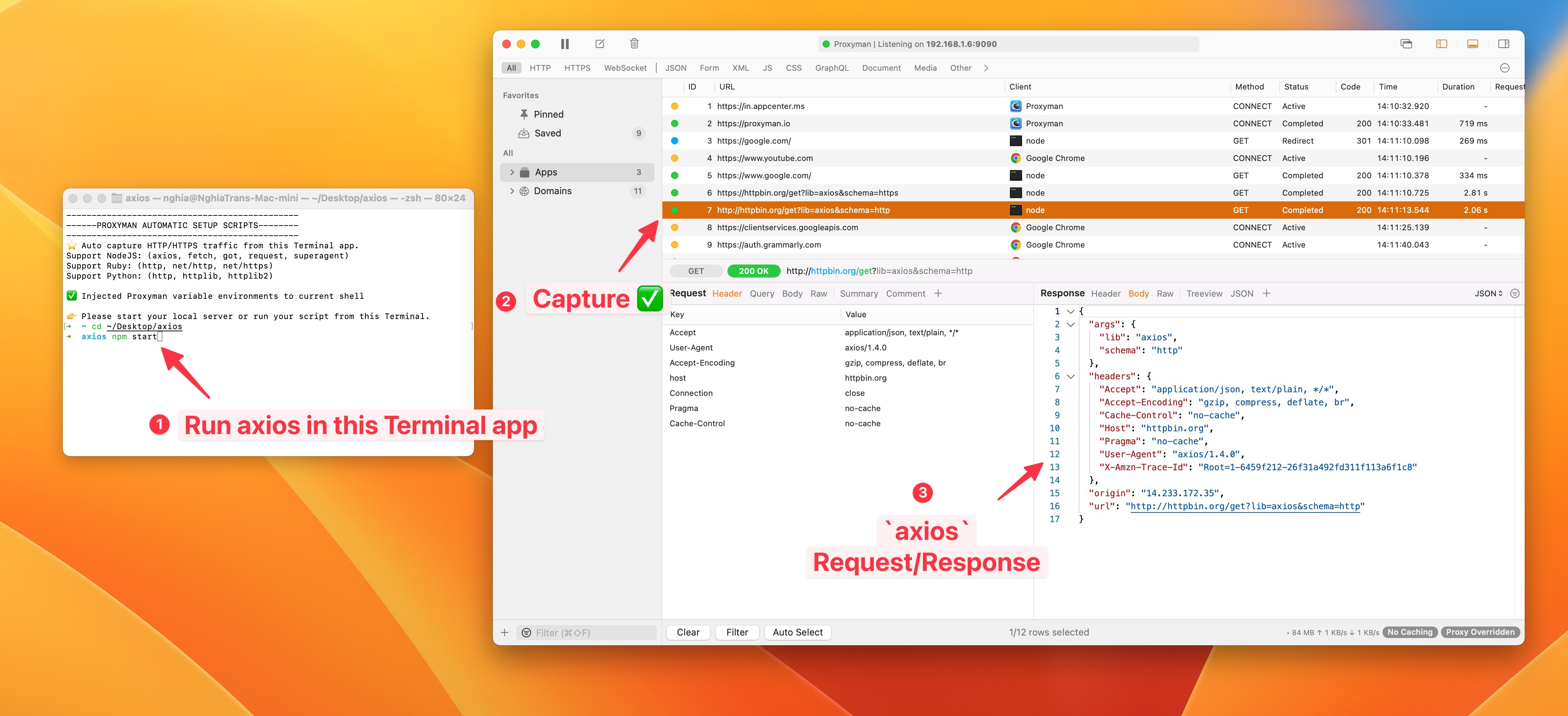 Make axios request and see the HTTP request with Proxyman