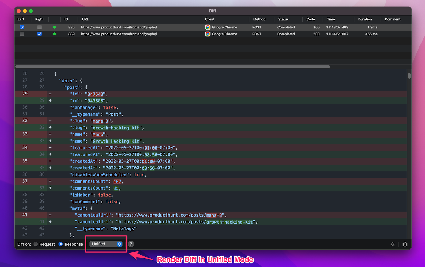 Render Diff in Unified mode