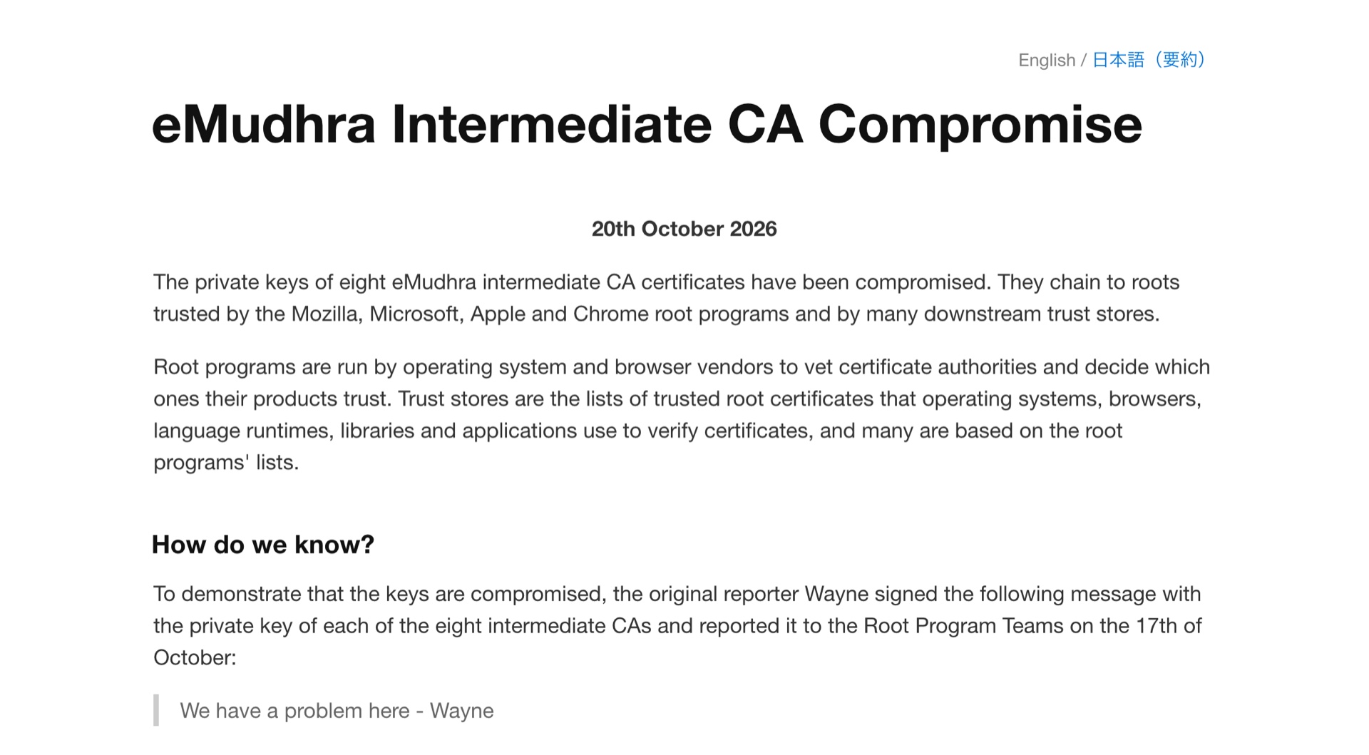 La página «eMudhra Intermediate CA Compromise», publicada el 20 de octubre de 2026