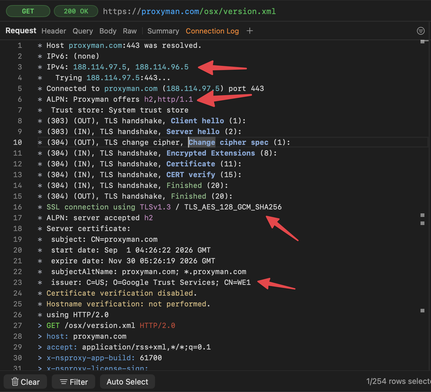 HTTP/2 Connection Log showing that the server accepted h2 in Proxyman