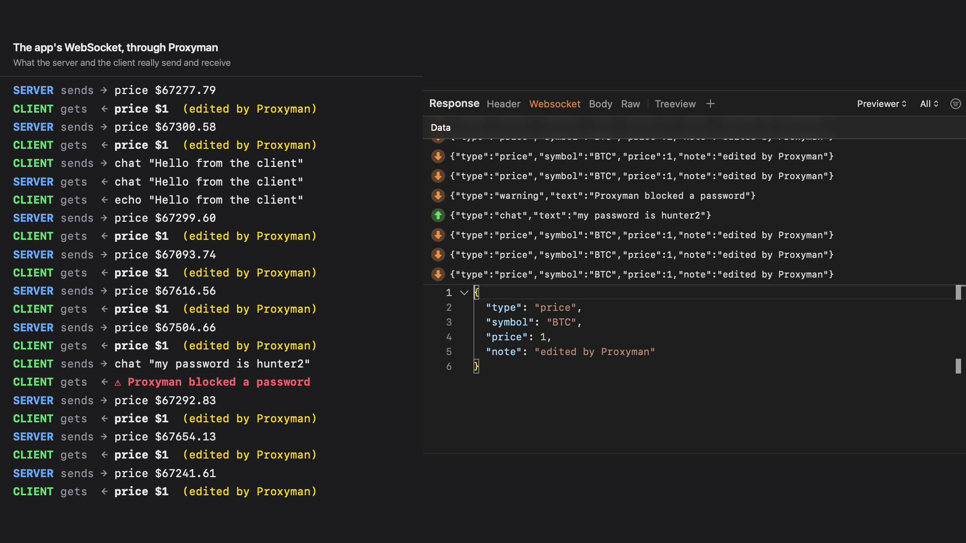 Left: what the client and the server really send and receive. Right: the Websocket tab in Proxyman with the edited prices
