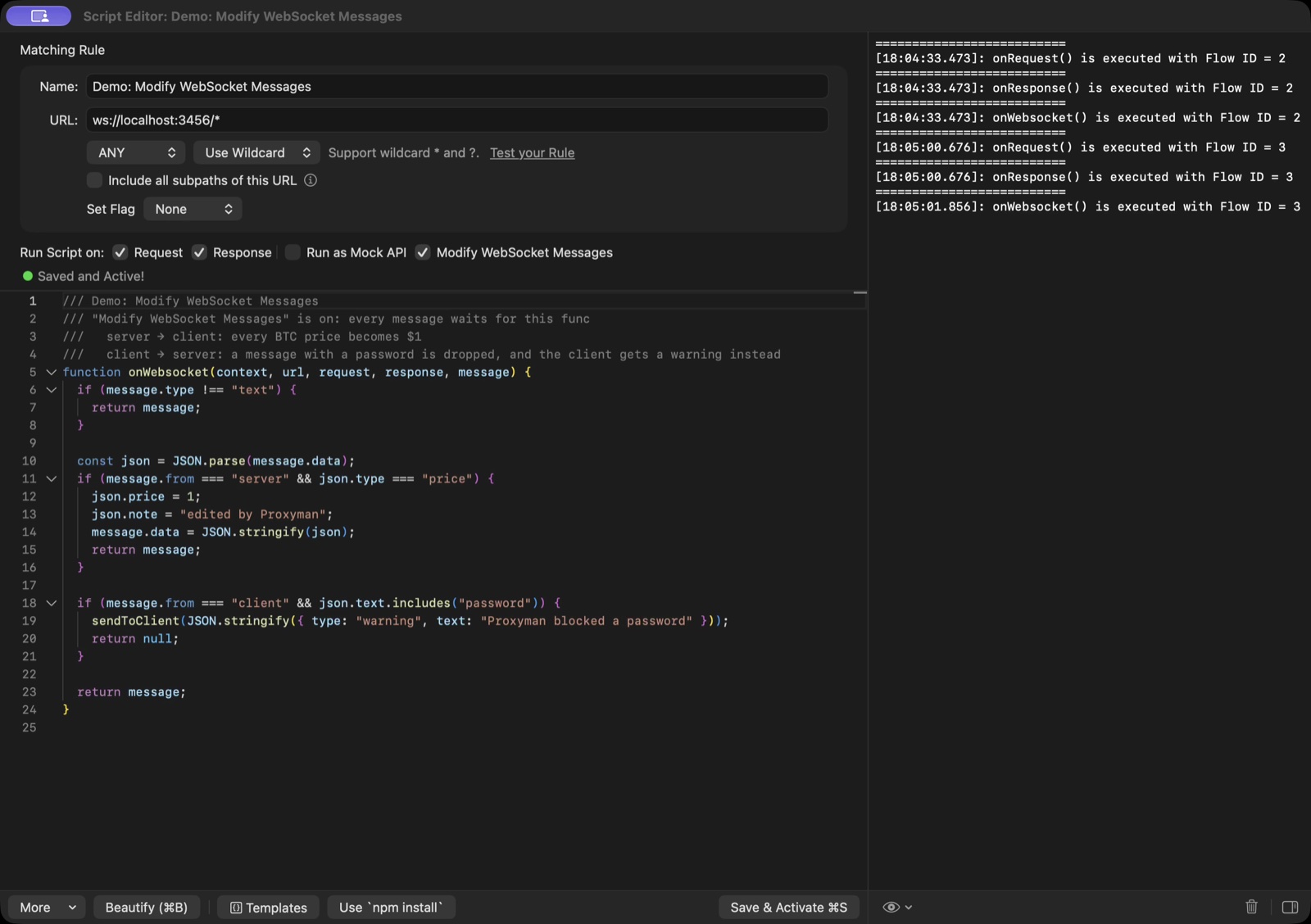 The Proxyman Script Editor with Modify WebSocket Messages checked and an onWebsocket() script
