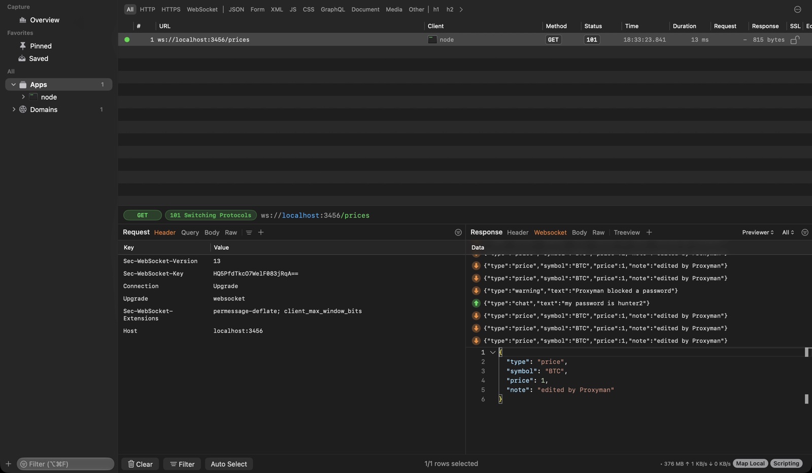 The Proxyman main window with the ws://localhost:3456/prices flow and its edited WebSocket messages