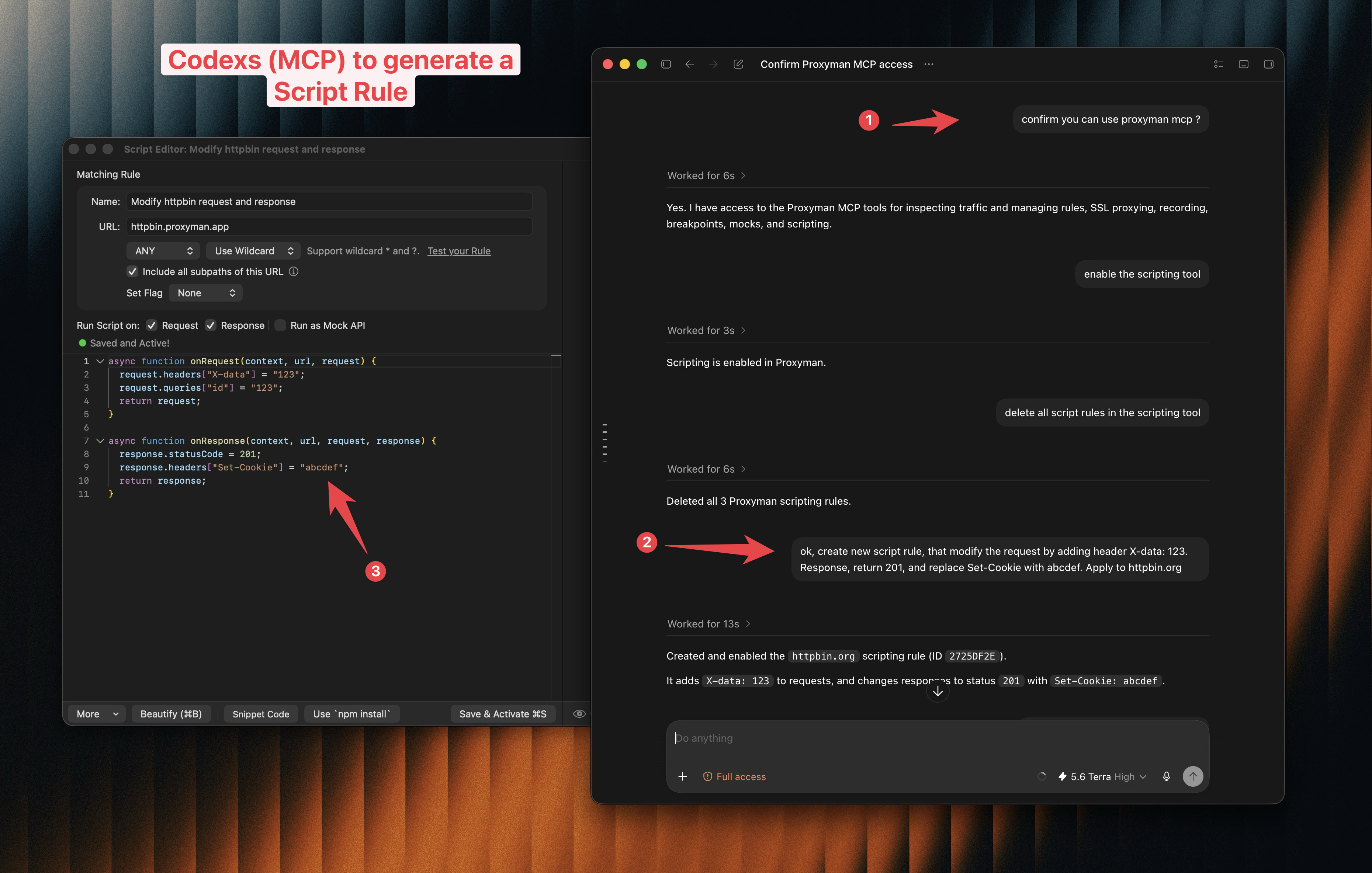 Codex creates and enables a Proxyman Scripting Rule for httpbin.proxyman.app