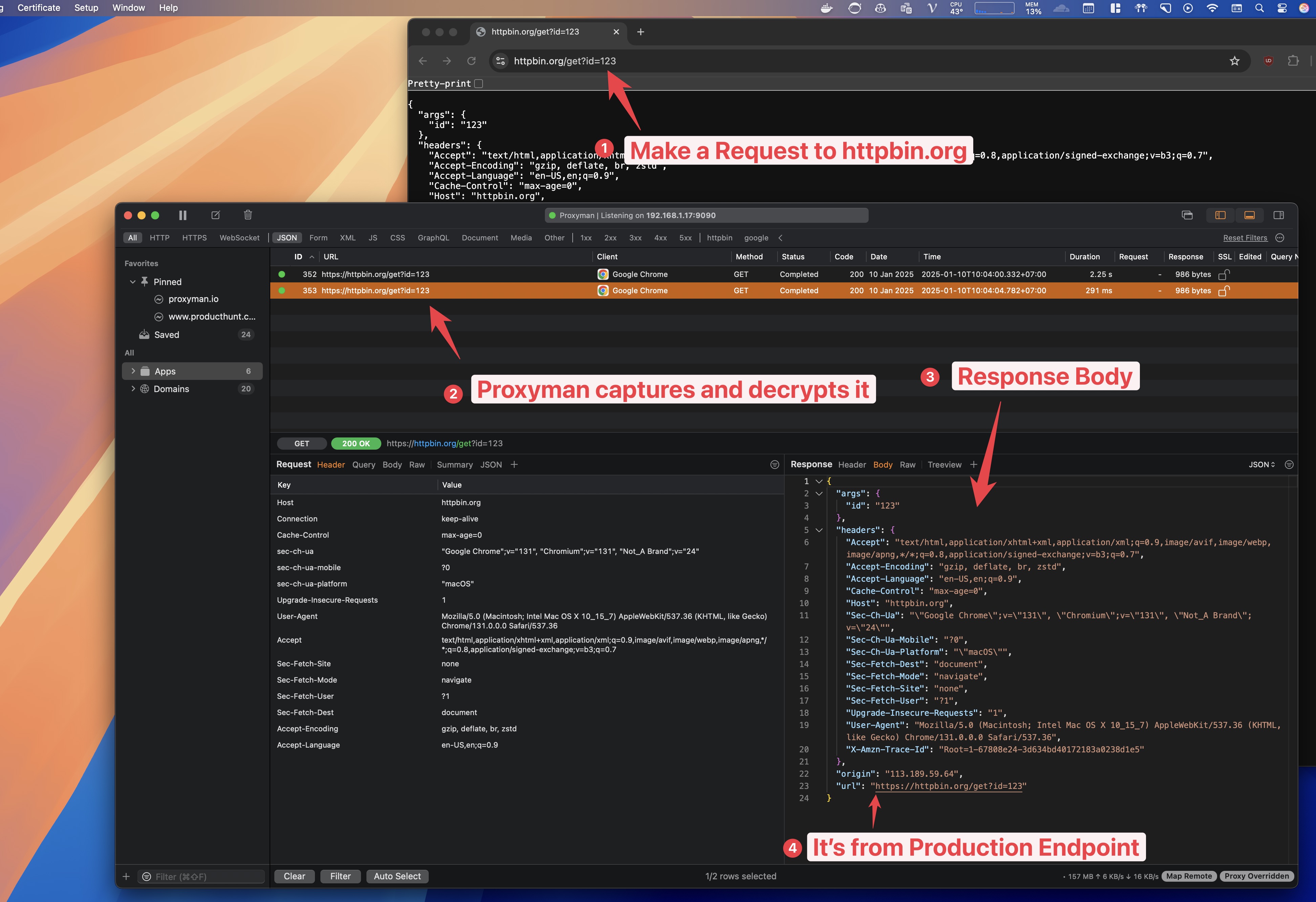 Proxyman captures and decrypts HTTPS traffic