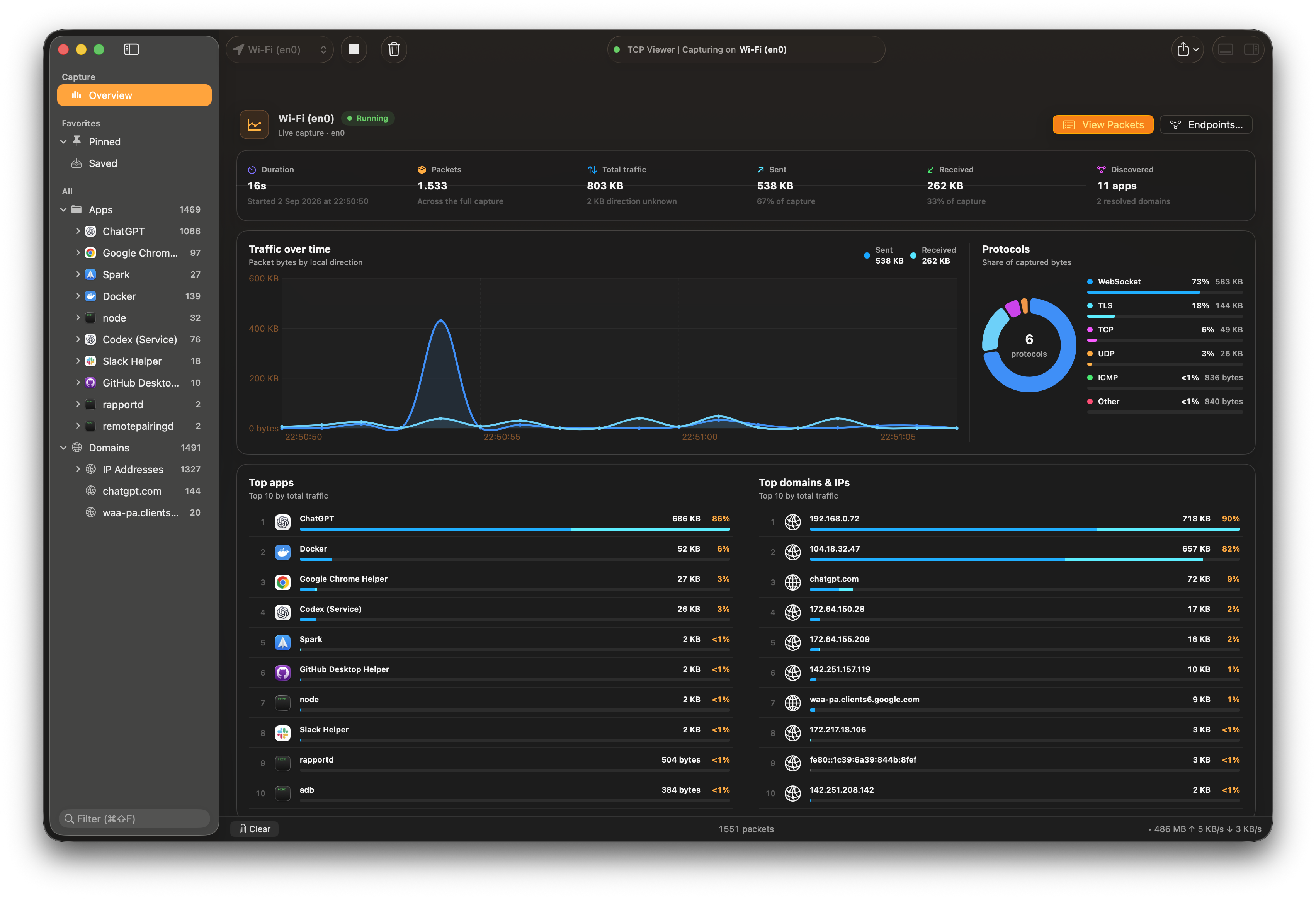 TCP Viewer Overview showing packet totals, traffic over time, protocols, apps, domains, and IP addresses