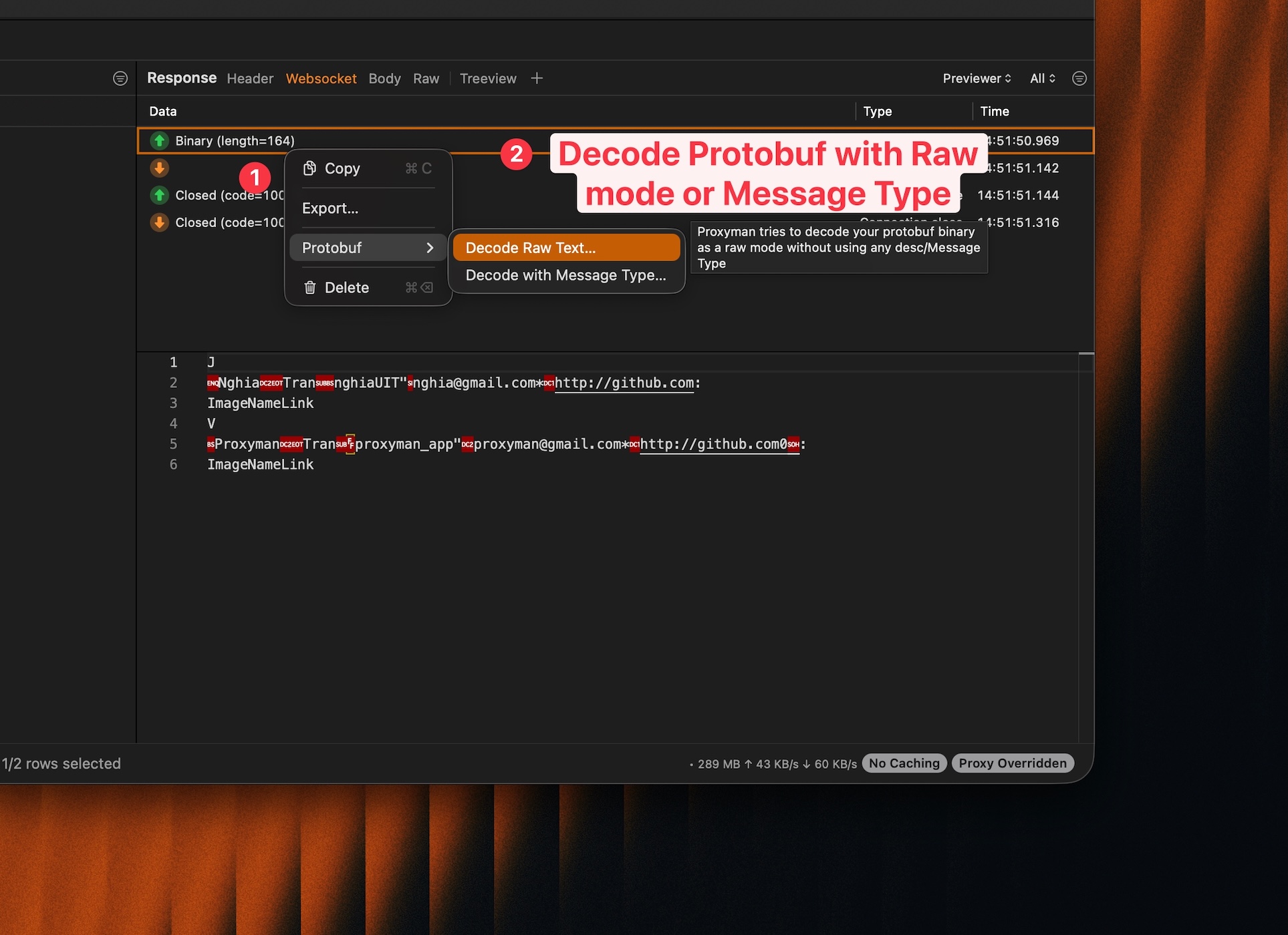 Right-click to decode Protobuf message