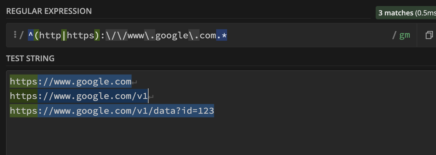 regex101 test with a regex that fully matches three google.com URLs