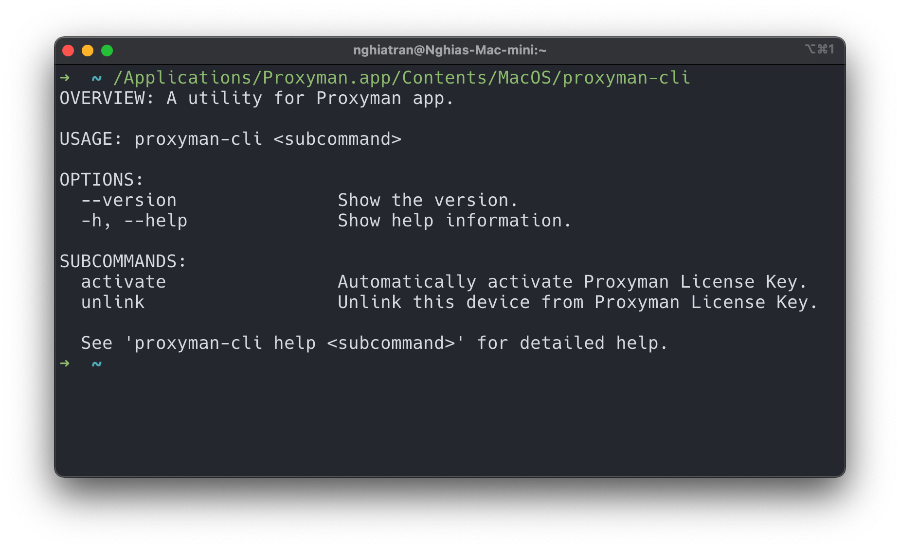 Terminal showing proxyman-cli help with the activate and unlink subcommands