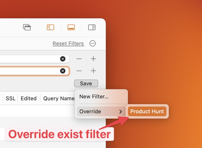 Proxyman Save menu with the Override submenu listing a saved custom filter