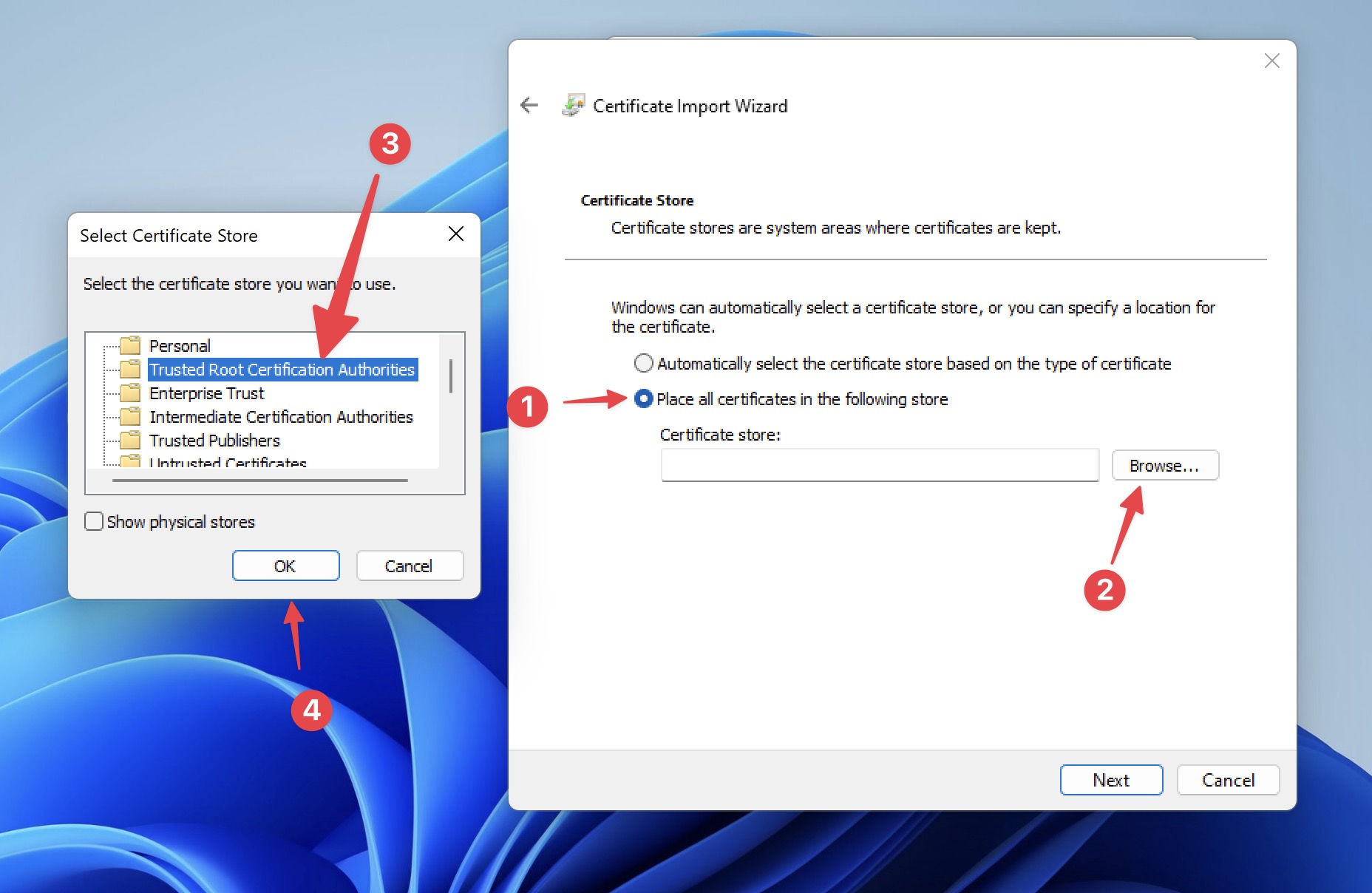 Windows Certificate Import Wizard placing the certificate in the Trusted Root Certification Authorities store