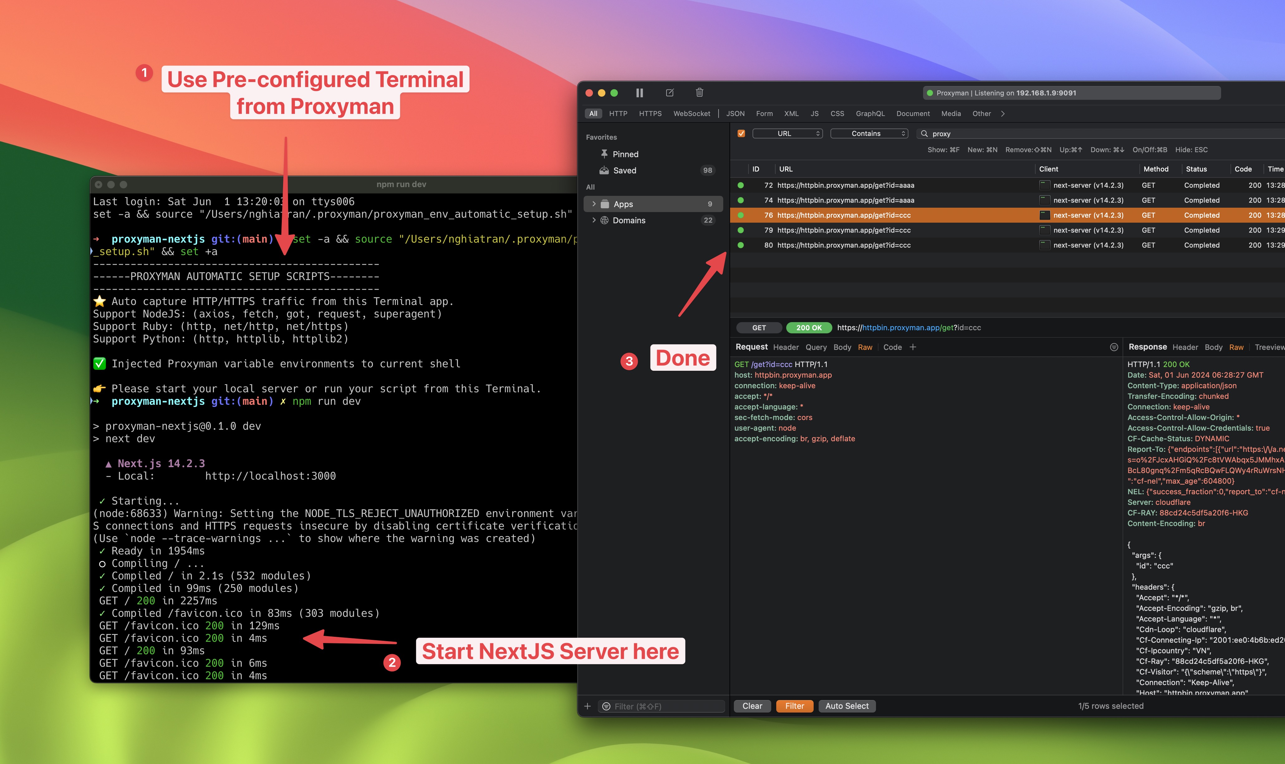 Next.js dev server in the Proxyman pre-configured Terminal and the captured server-side fetch requests in Proxyman