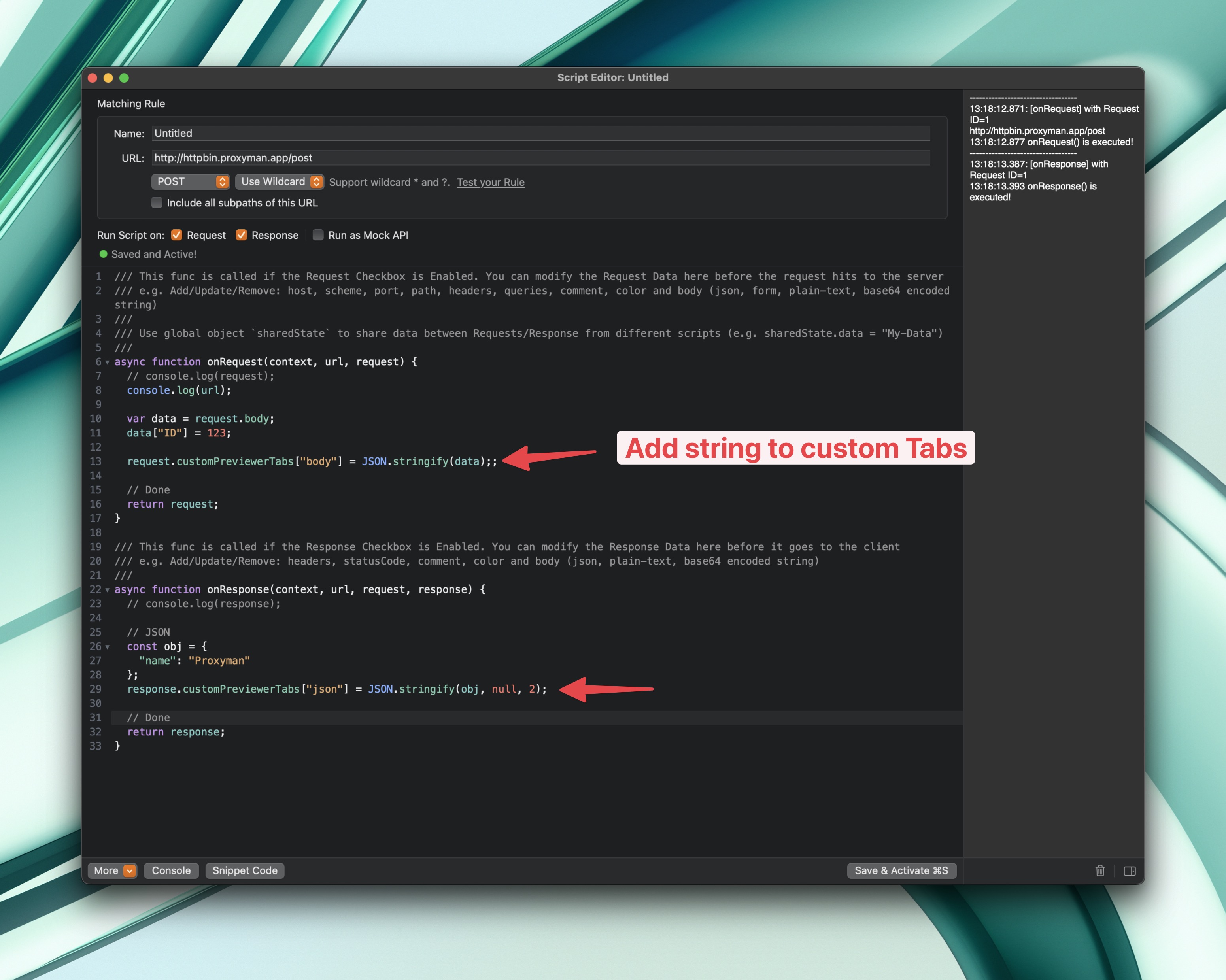 Proxyman Script Editor setting customPreviewerTabs values in onRequest and onResponse