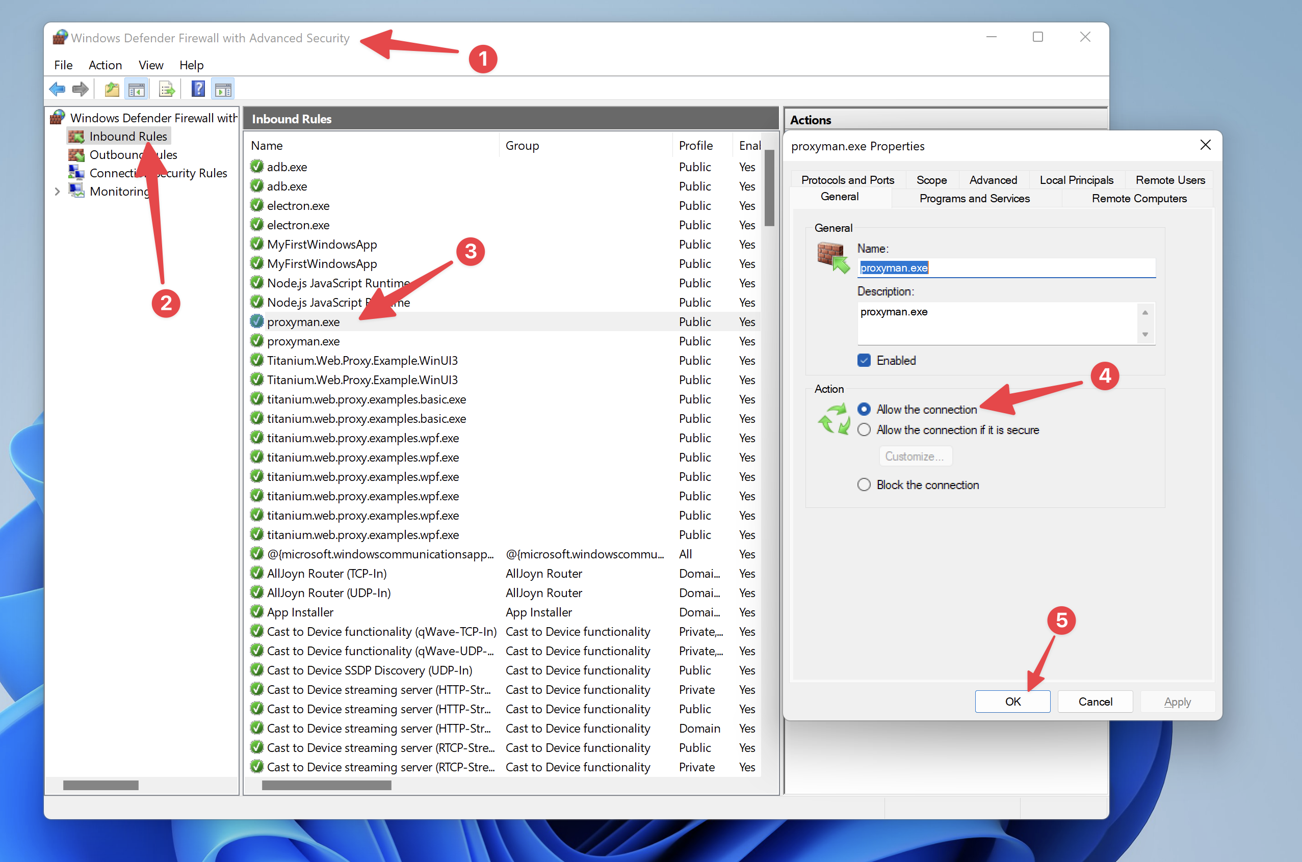 Windows Defender Firewall inbound rule for proxyman.exe set to Allow the connection