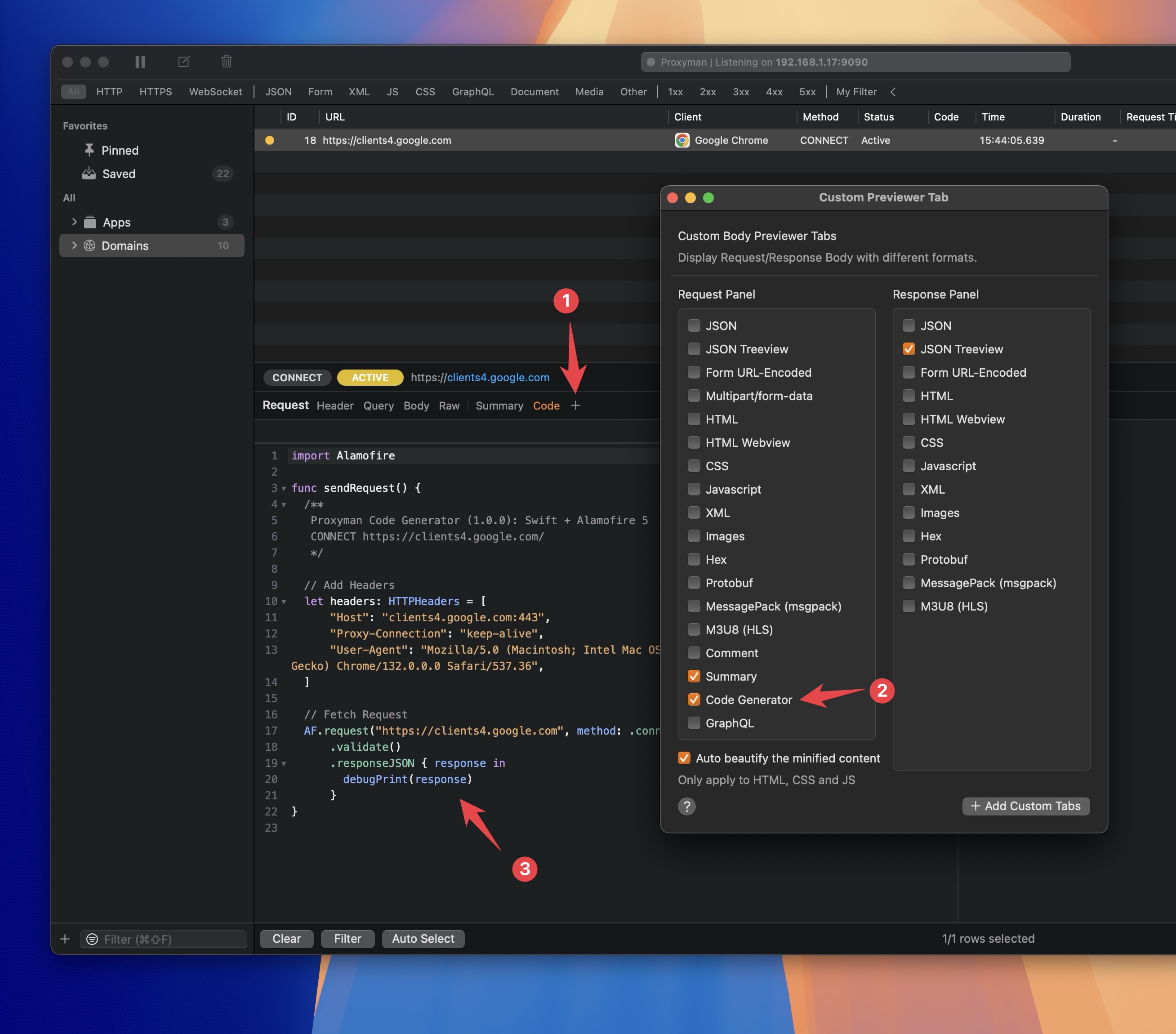 Proxyman Custom Previewer Tab window with Code Generator checked and the Code tab showing Swift code