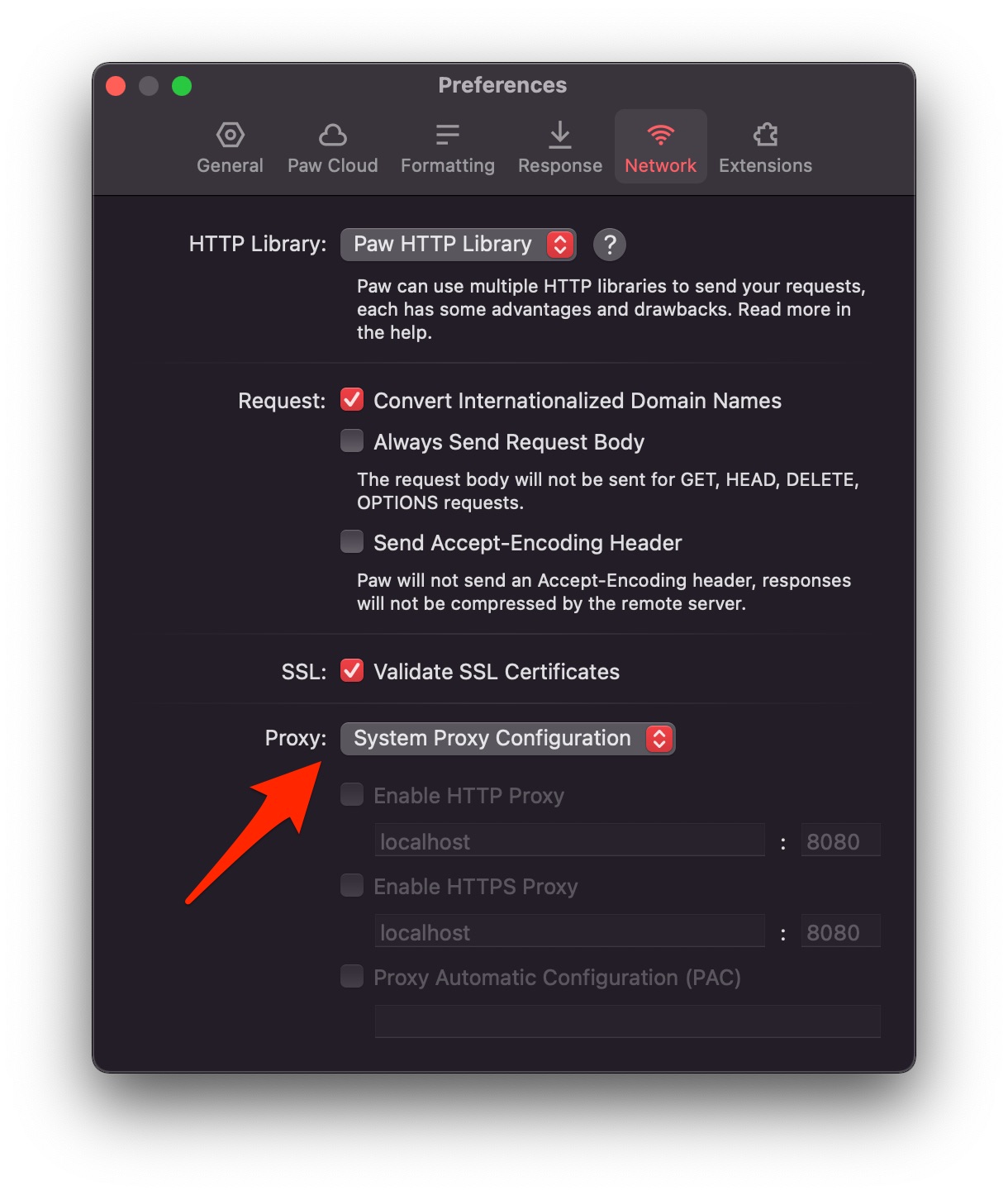 Paw Preferences, Network tab, with Proxy set to System Proxy Configuration