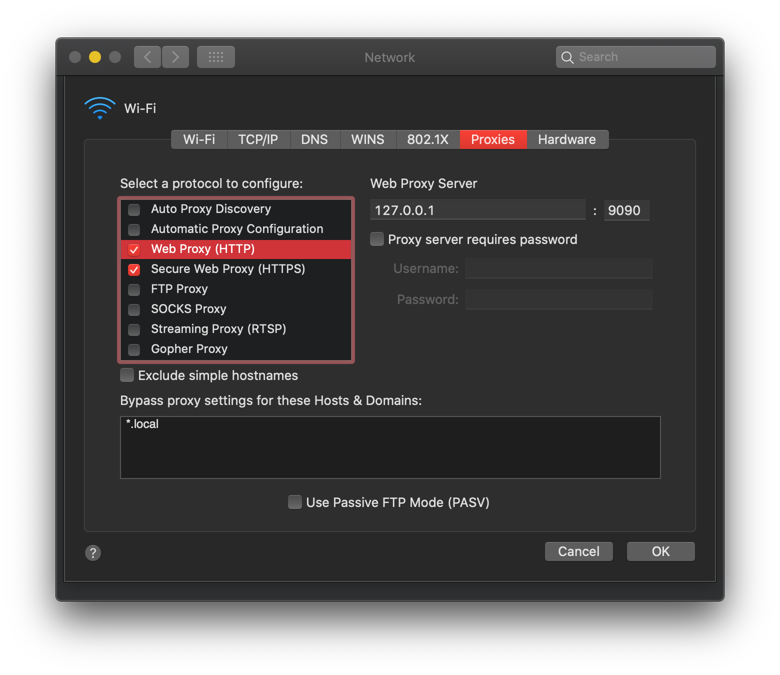 macOS Wi-Fi Proxies settings with Web Proxy and Secure Web Proxy set to 127.0.0.1 port 9090