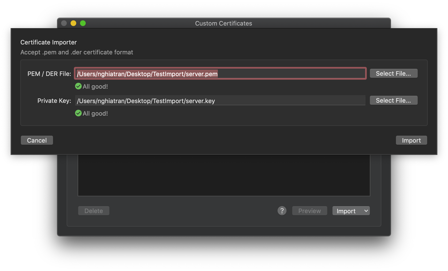 Proxyman Certificate Importer sheet with a PEM certificate file and a private key file selected