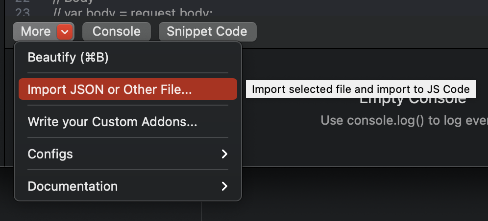 Proxyman Script Editor More menu with Import JSON or Other File highlighted