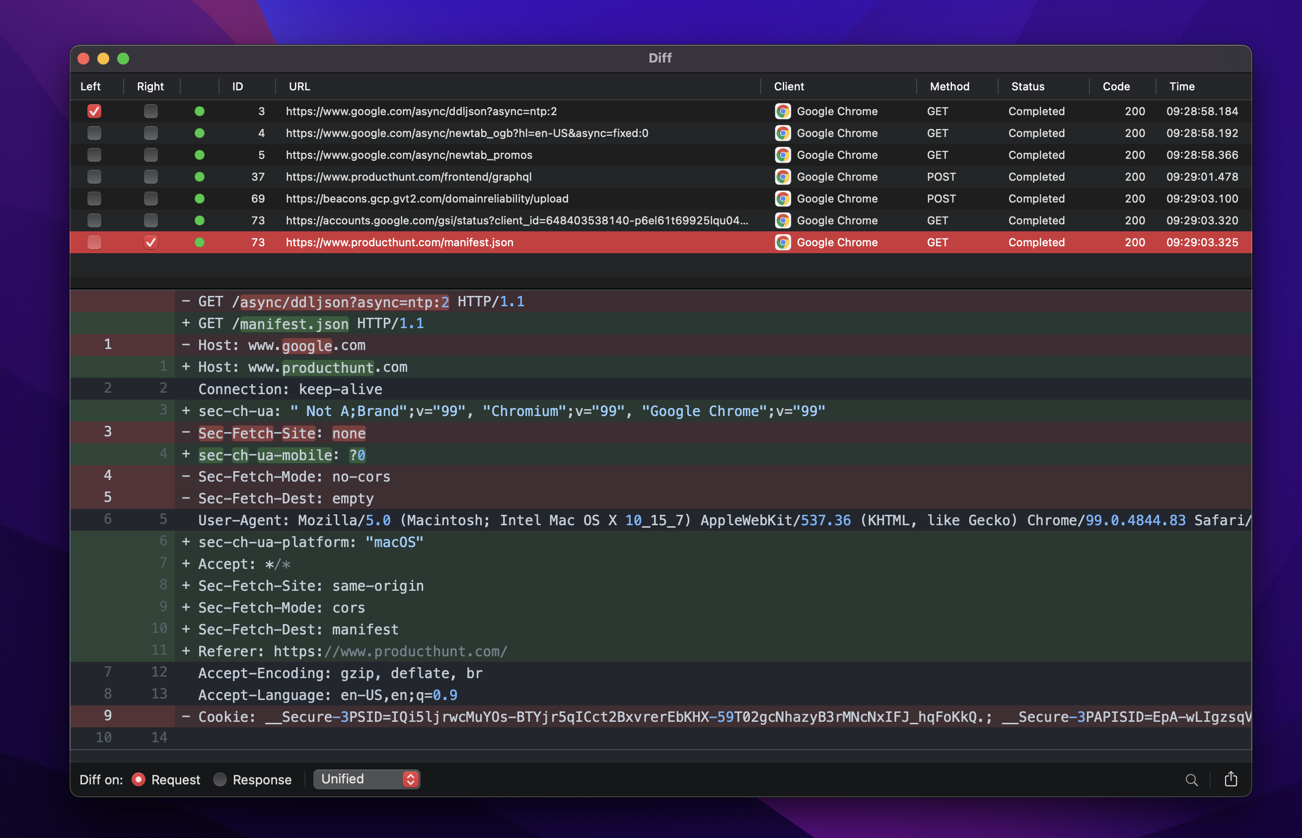 Proxyman Diff window comparing two requests in unified mode