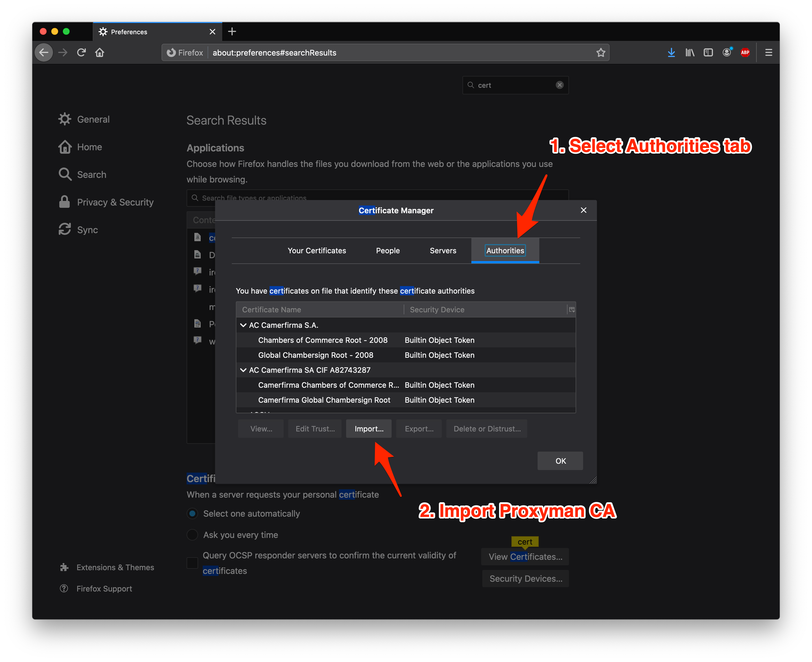 Firefox Certificate Manager, Authorities tab, with the Import button