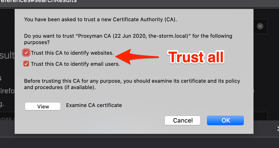 Firefox dialog to trust Proxyman CA to identify websites and email users