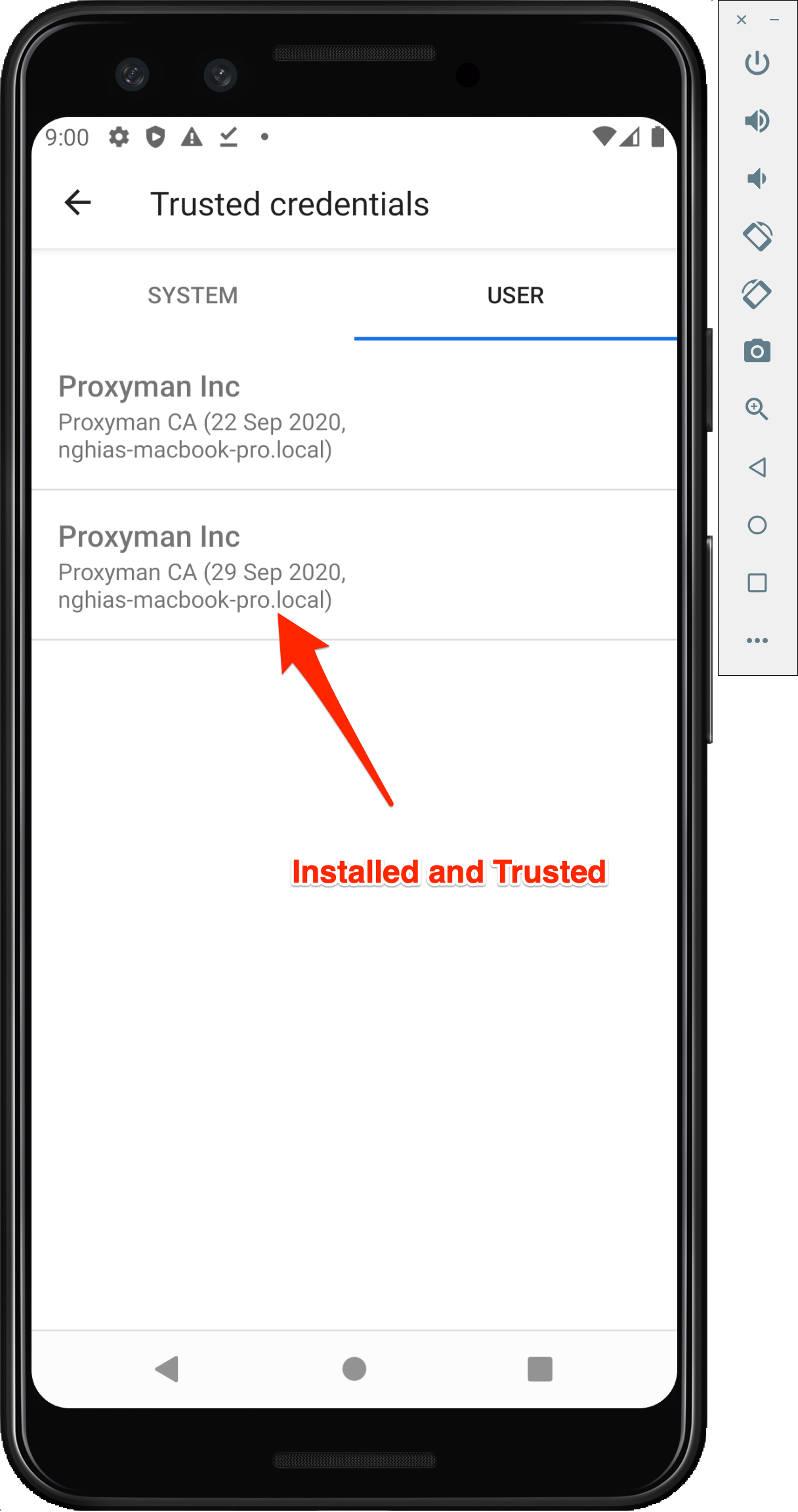 Android Trusted credentials, User tab, listing the Proxyman CA certificate