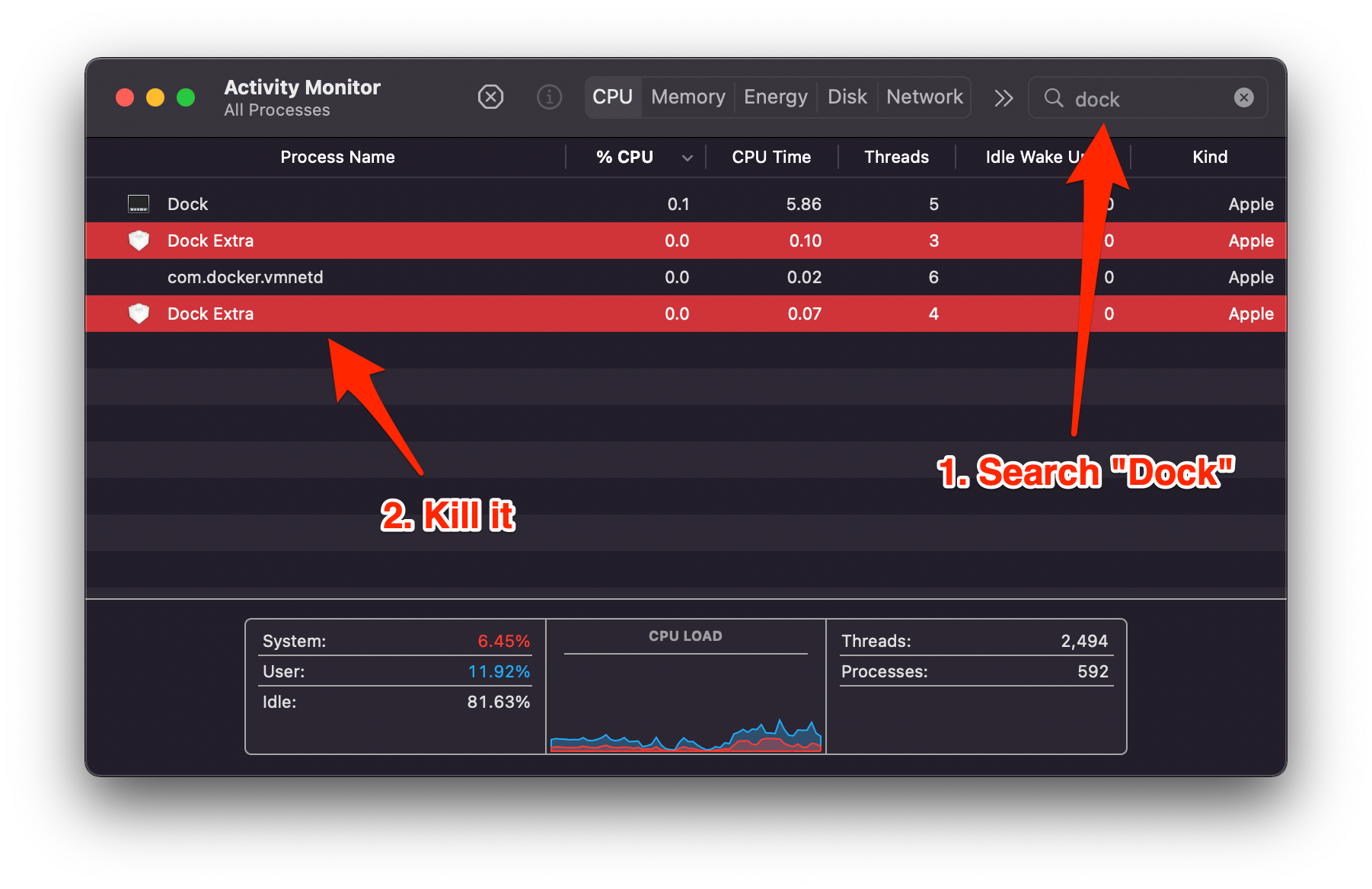 Activity Monitor search for Dock with the Dock Extra processes selected