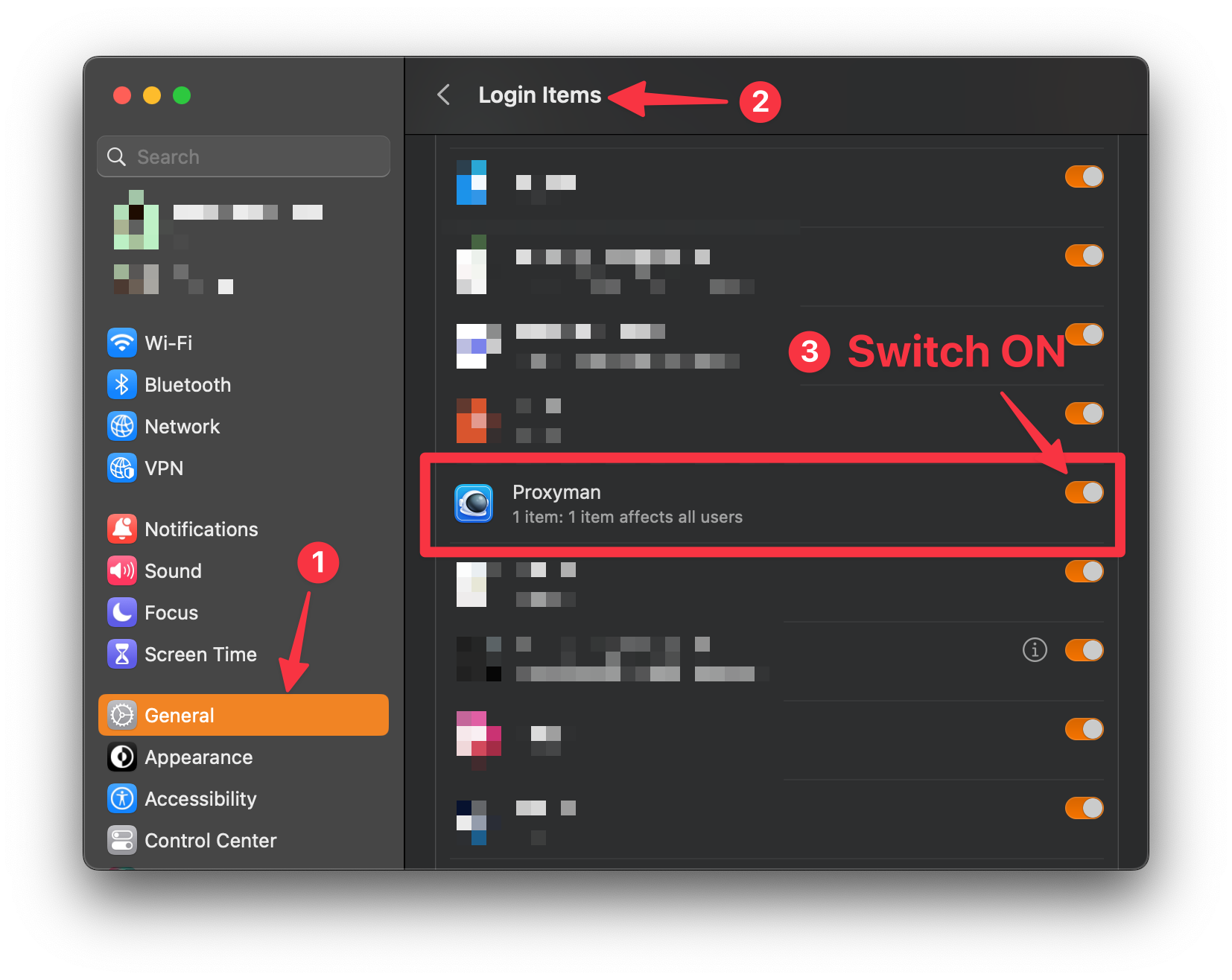 macOS System Settings Login Items with the Proxyman switch turned on
