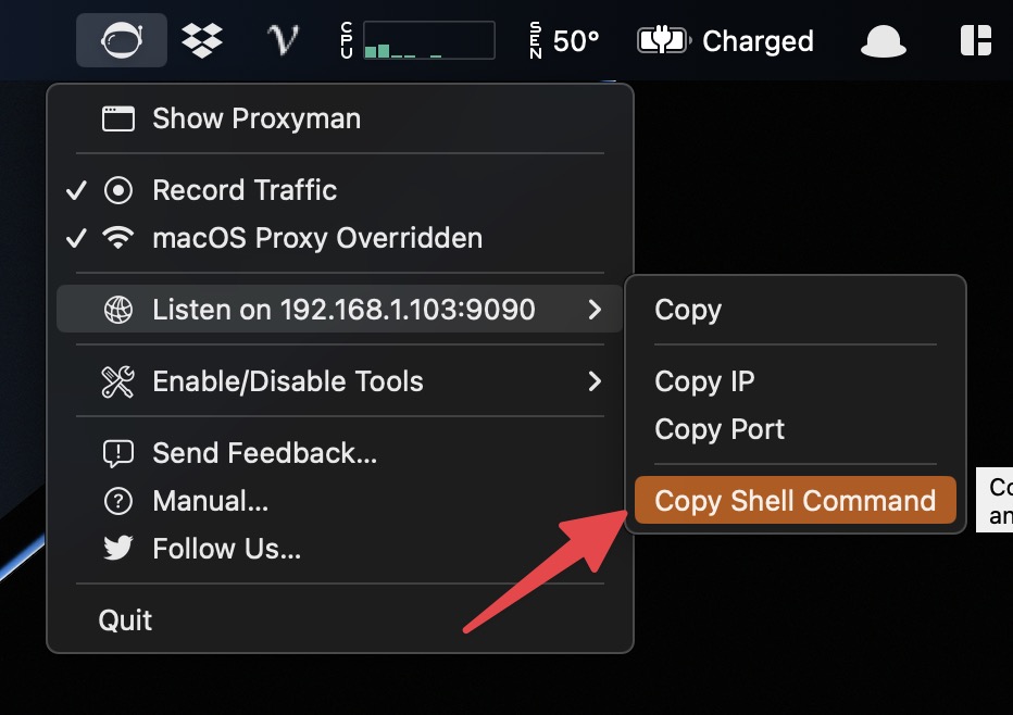 Proxyman menu bar menu with Listen on IP and port and the Copy Shell Command item