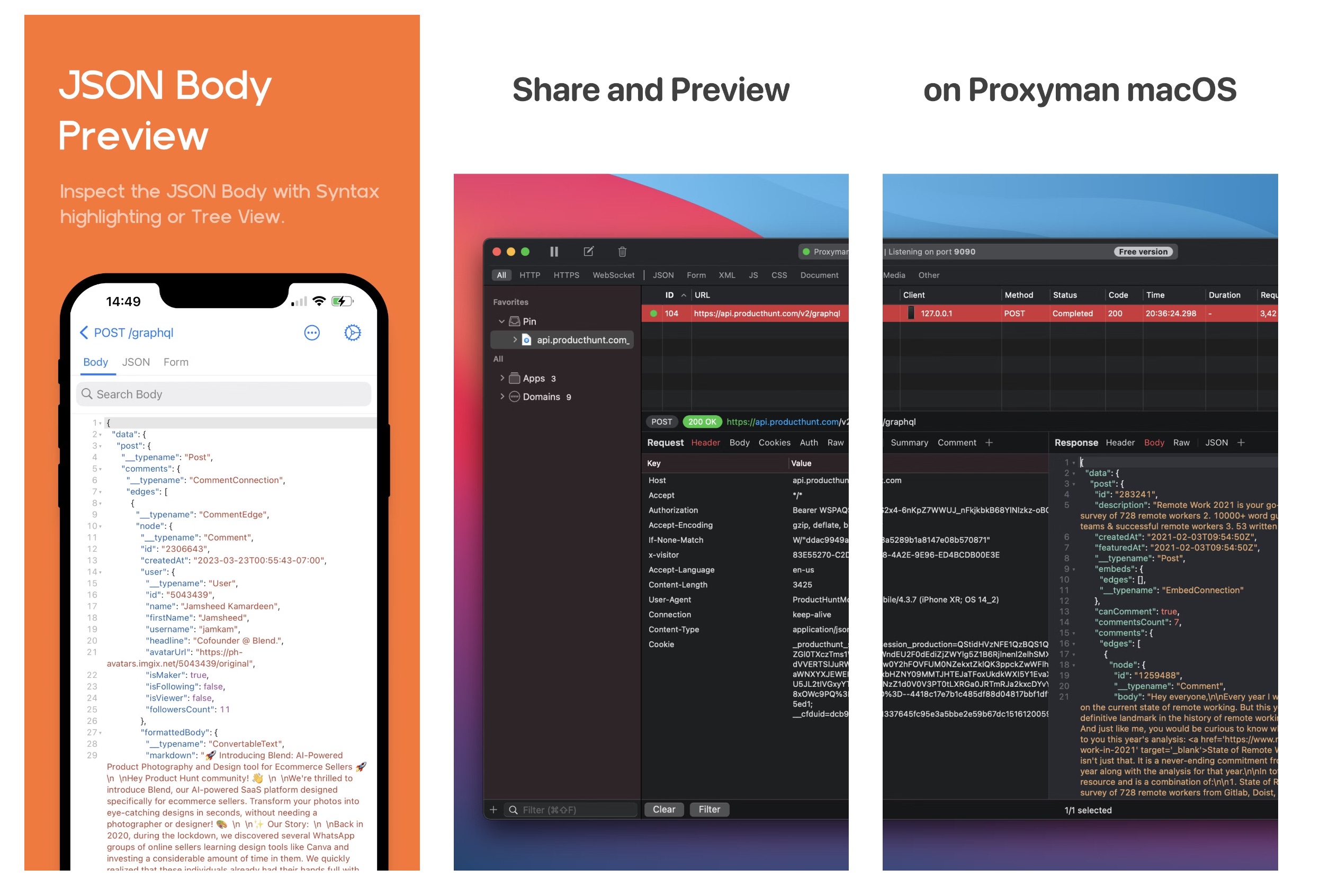 Proxyman for iOS JSON body preview next to the same request shared to Proxyman for macOS