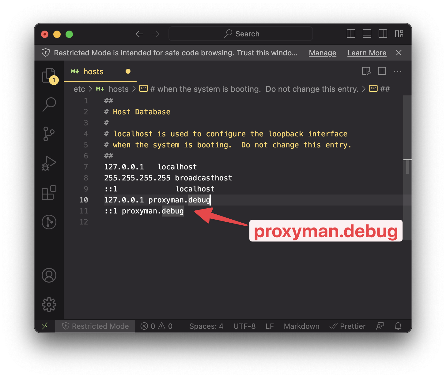 The /etc/hosts file in VS Code with proxyman.debug mapped to 127.0.0.1 and ::1