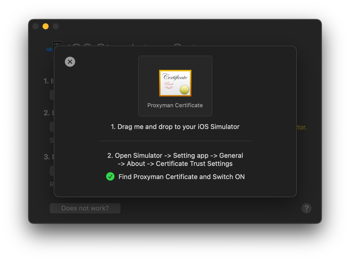 Proxyman sheet with a draggable Proxyman Certificate icon and steps to trust it in the simulator