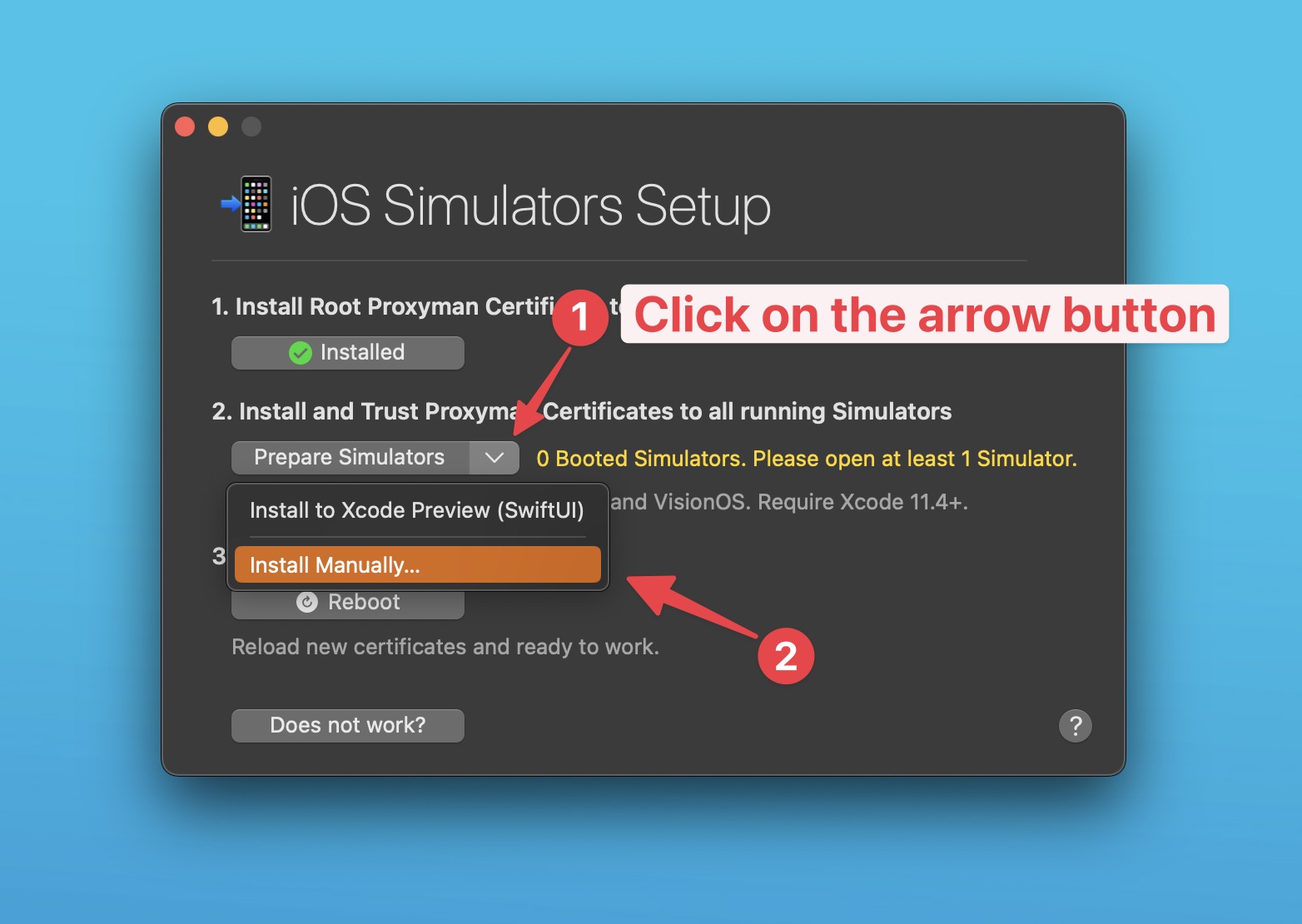 Proxyman iOS Simulators Setup with the Prepare Simulators menu open and Install Manually selected