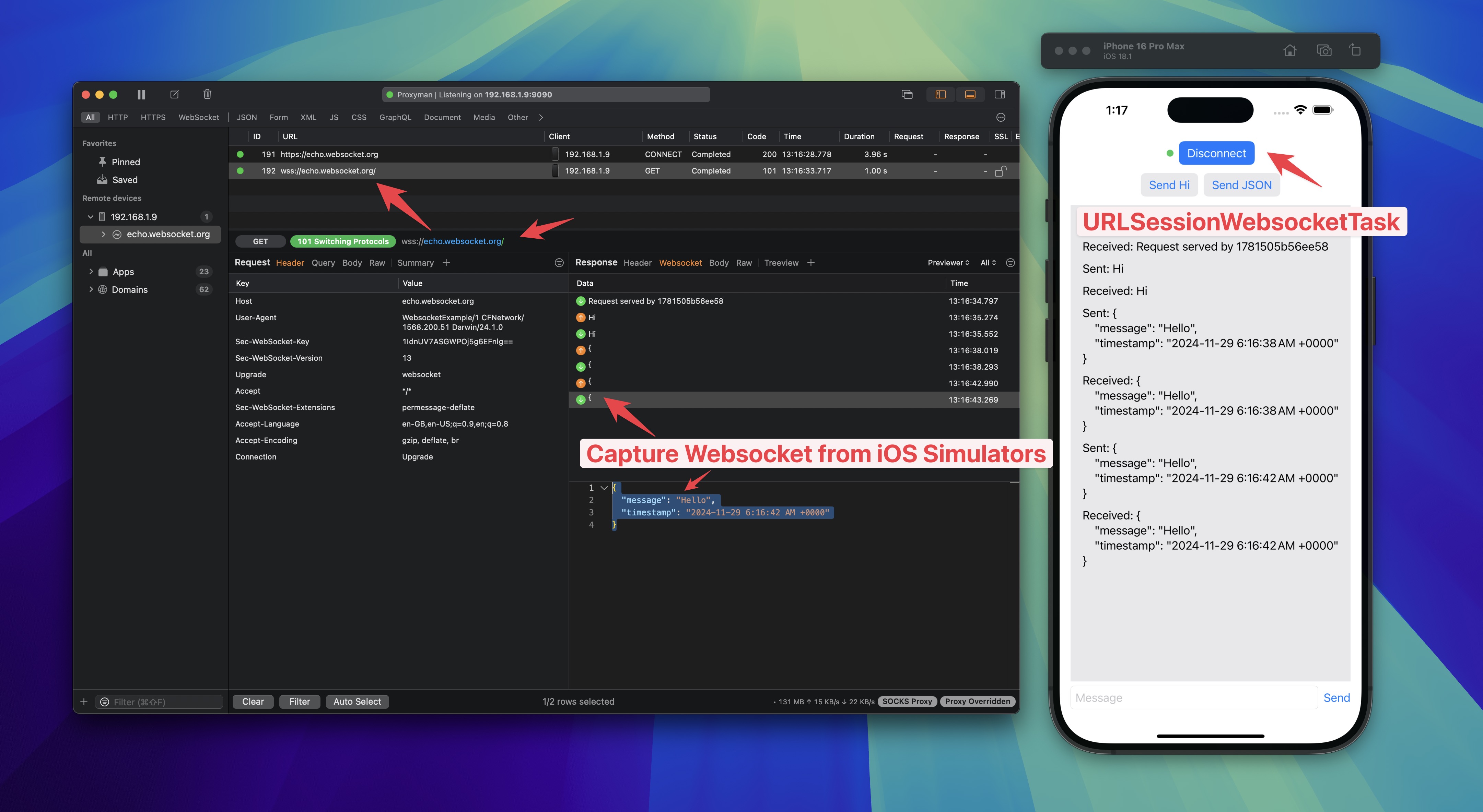 Proxyman capturing wss://echo.websocket.org messages from a URLSessionWebSocketTask app in the iOS Simulator