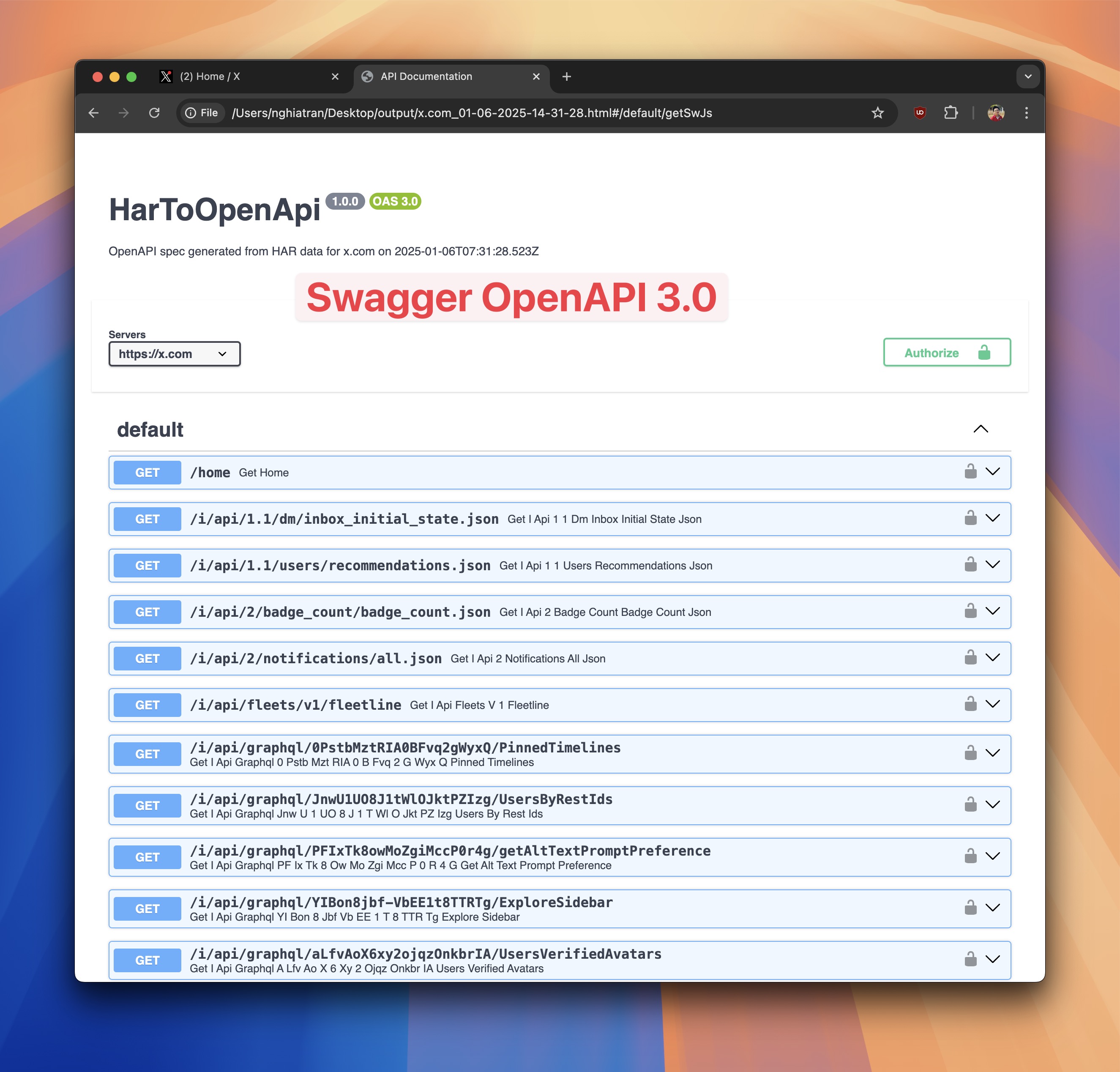 Swagger OpenAPI 3.0 HTML page exported from Proxyman, listing GET endpoints captured from x.com