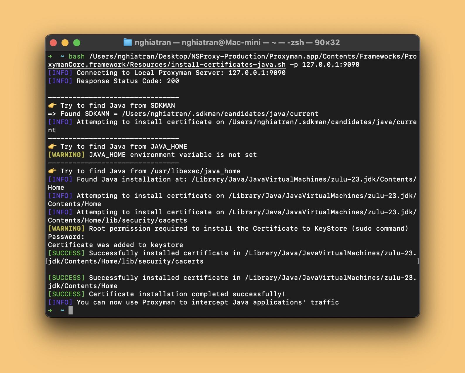 Terminal output of the Proxyman Java script installing the certificate into the Java cacerts KeyStore