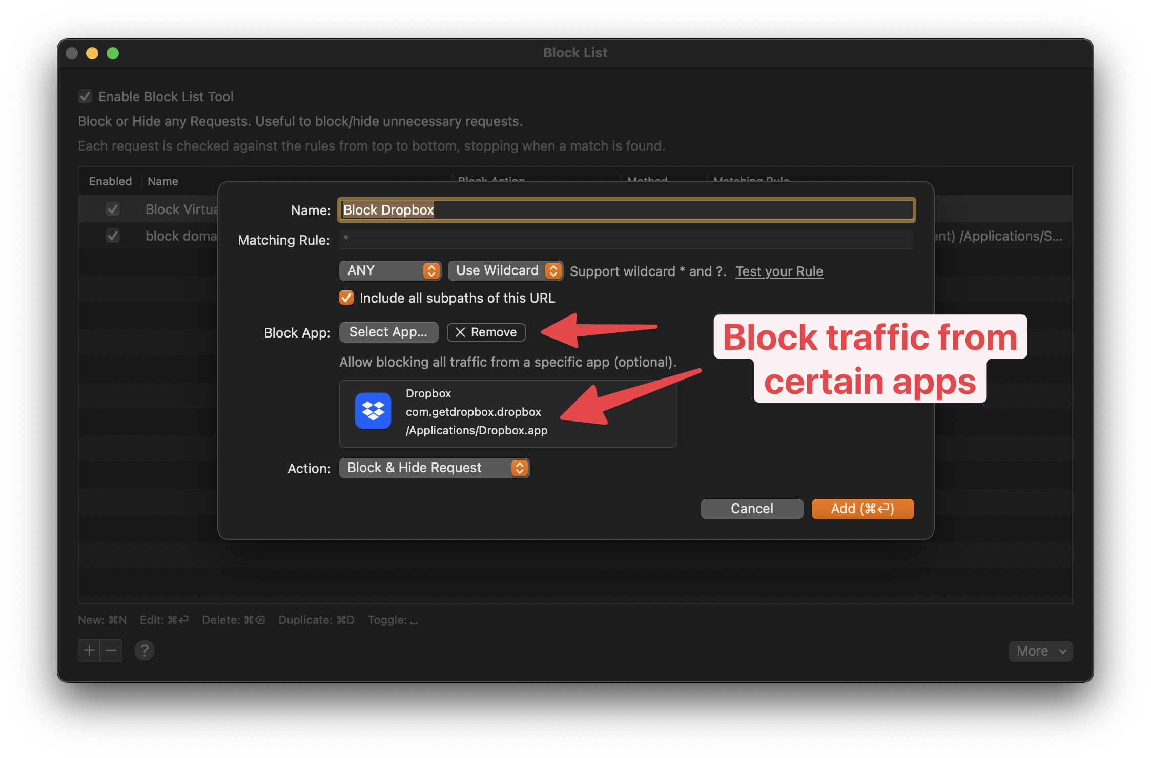 Proxyman Block List rule editor with Block App set to Dropbox and the Block and Hide Request action