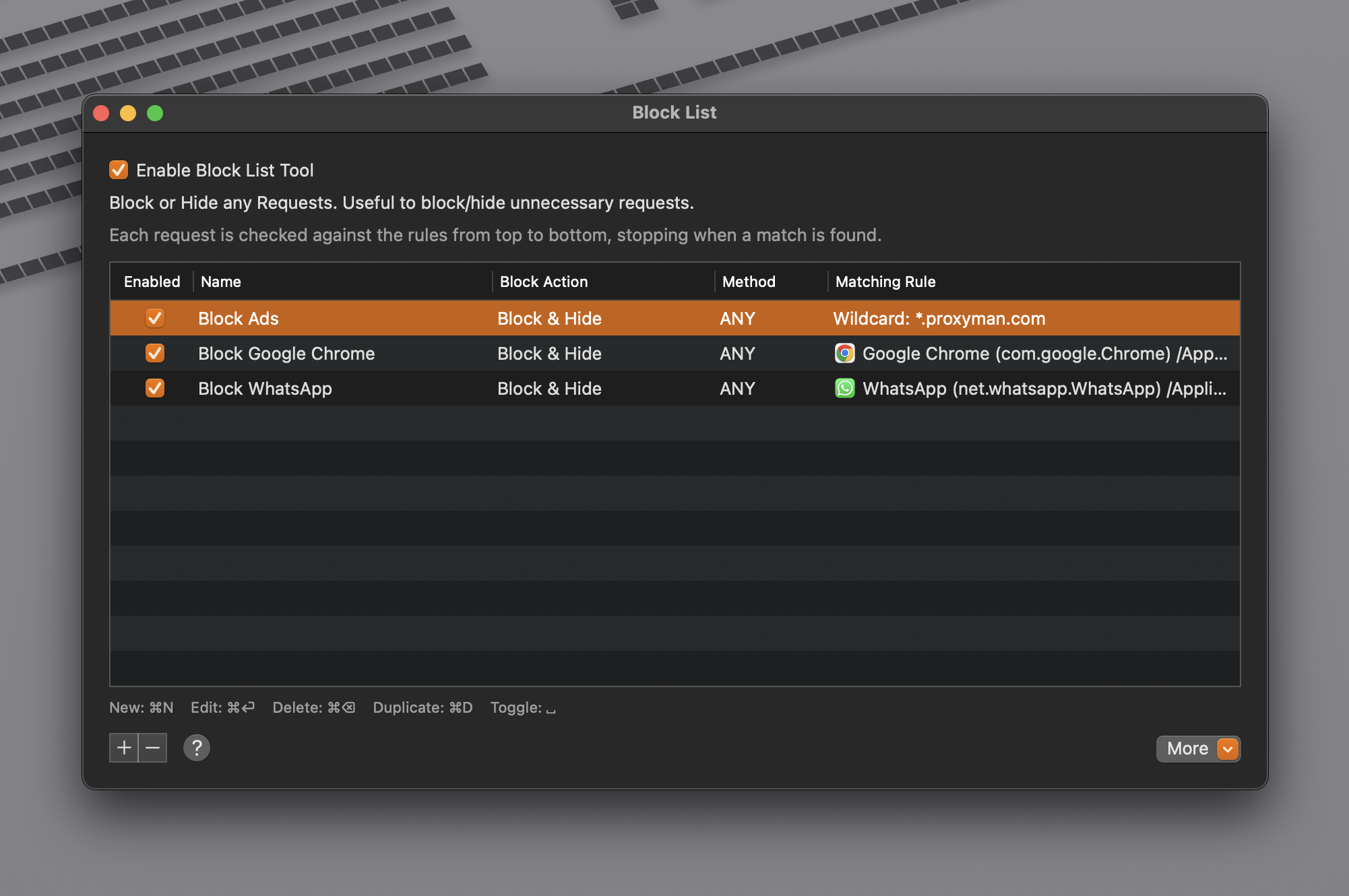 Proxyman Block List window with rules that block a wildcard domain, Google Chrome and WhatsApp