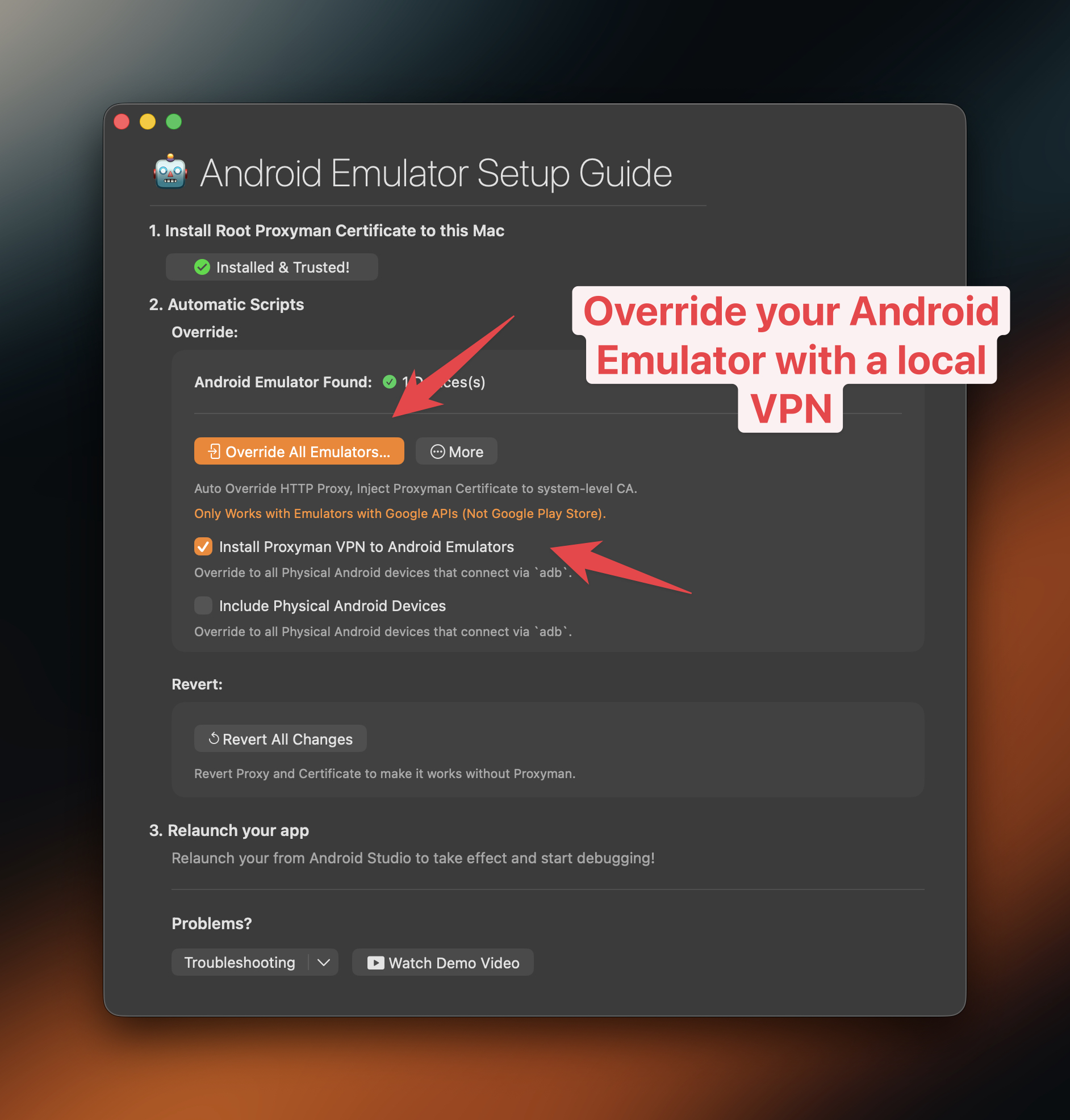 Proxyman Android Emulator Setup Guide with Install Proxyman VPN checked and the Override All Emulators button