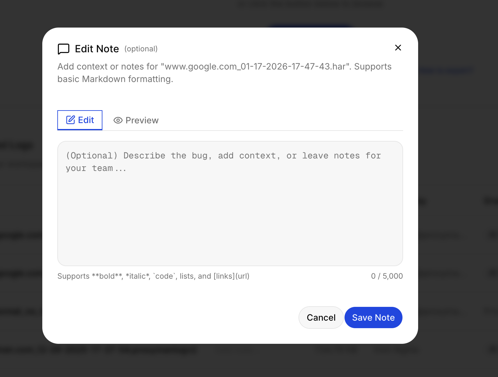 Edit Note dialog in Proxyman Workspace with a Markdown editor and a Preview tab