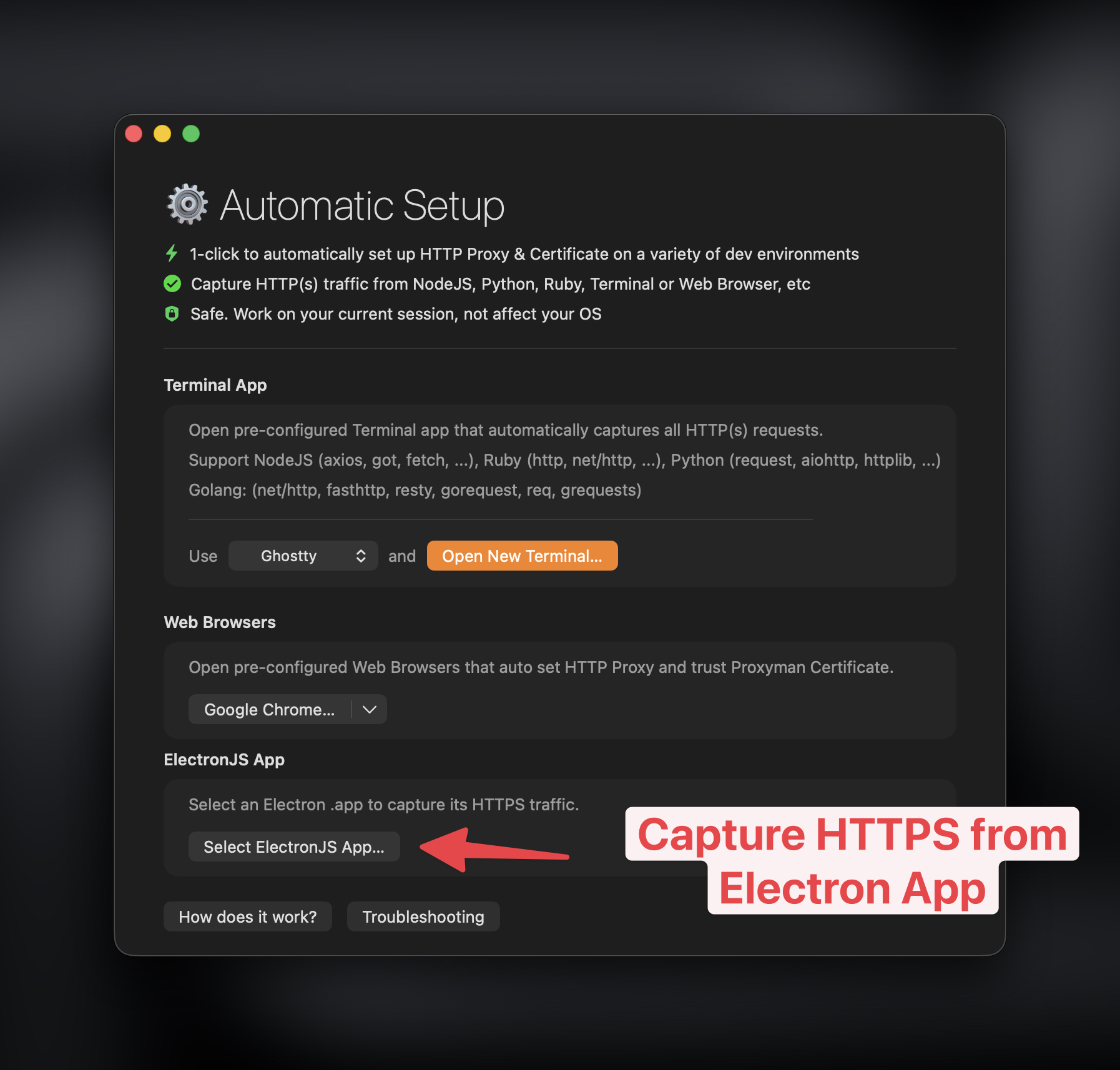 Proxyman Automatic Setup window with the ElectronJS App section and the Select ElectronJS App button