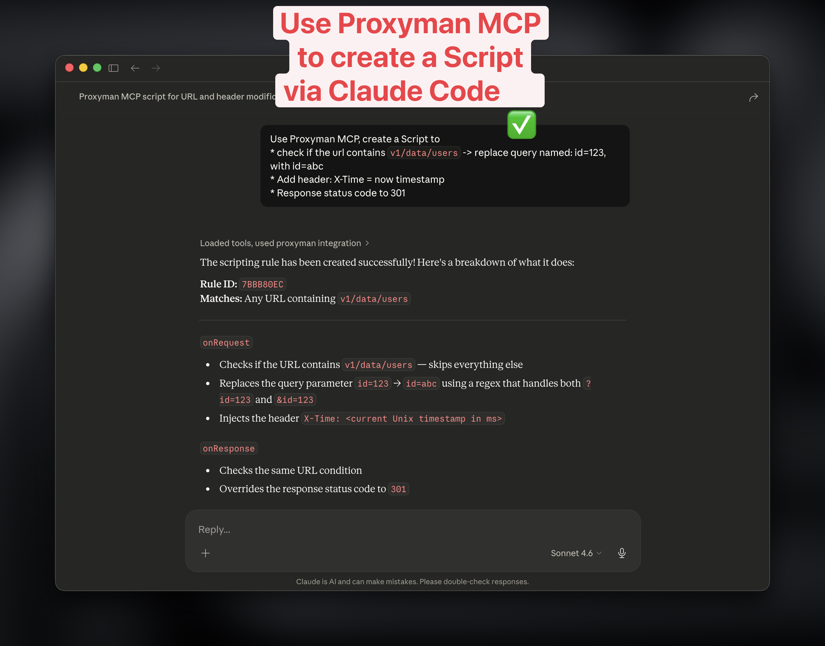 Claude using Proxyman MCP to create a Scripting rule that changes a query, adds a header and sets status 301