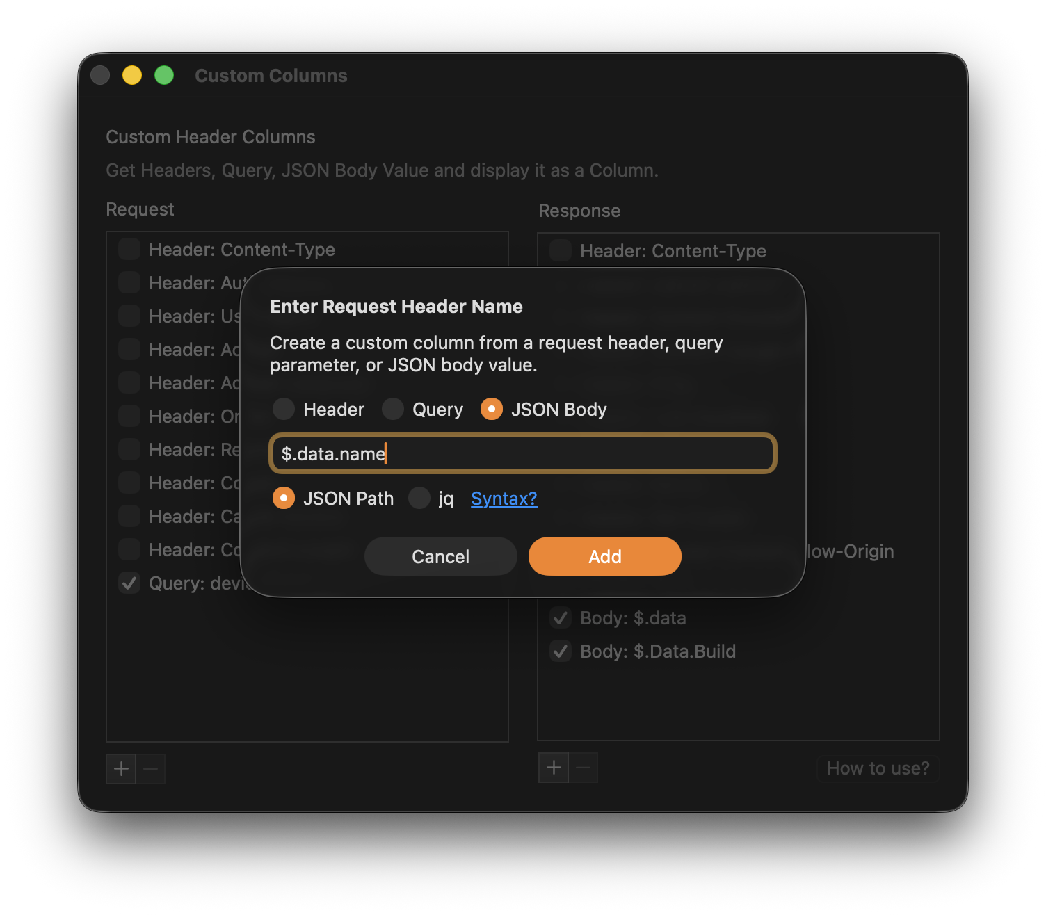 Proxyman sheet that adds a custom column from a JSON body value with the JSON Path option selected
