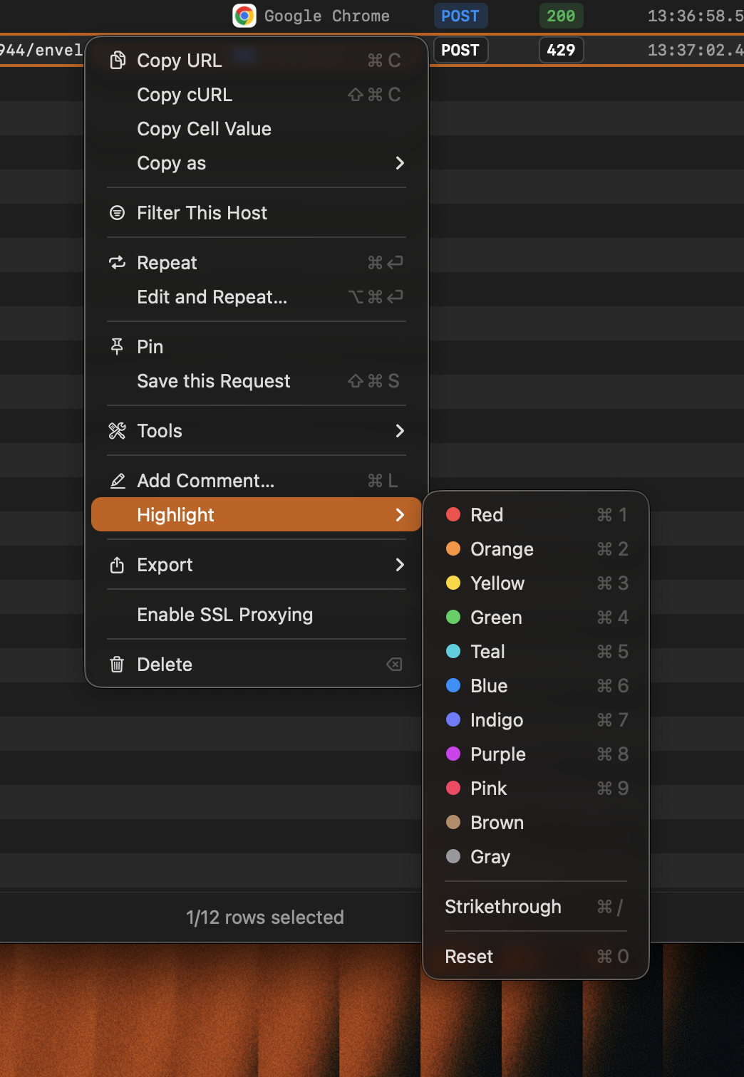Proxyman request context menu with the Highlight submenu showing 11 colors, Strikethrough and Reset