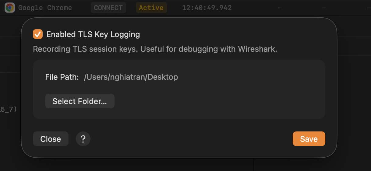 Proxyman TLS Key Logging sheet with logging enabled and the Desktop folder selected as the file path