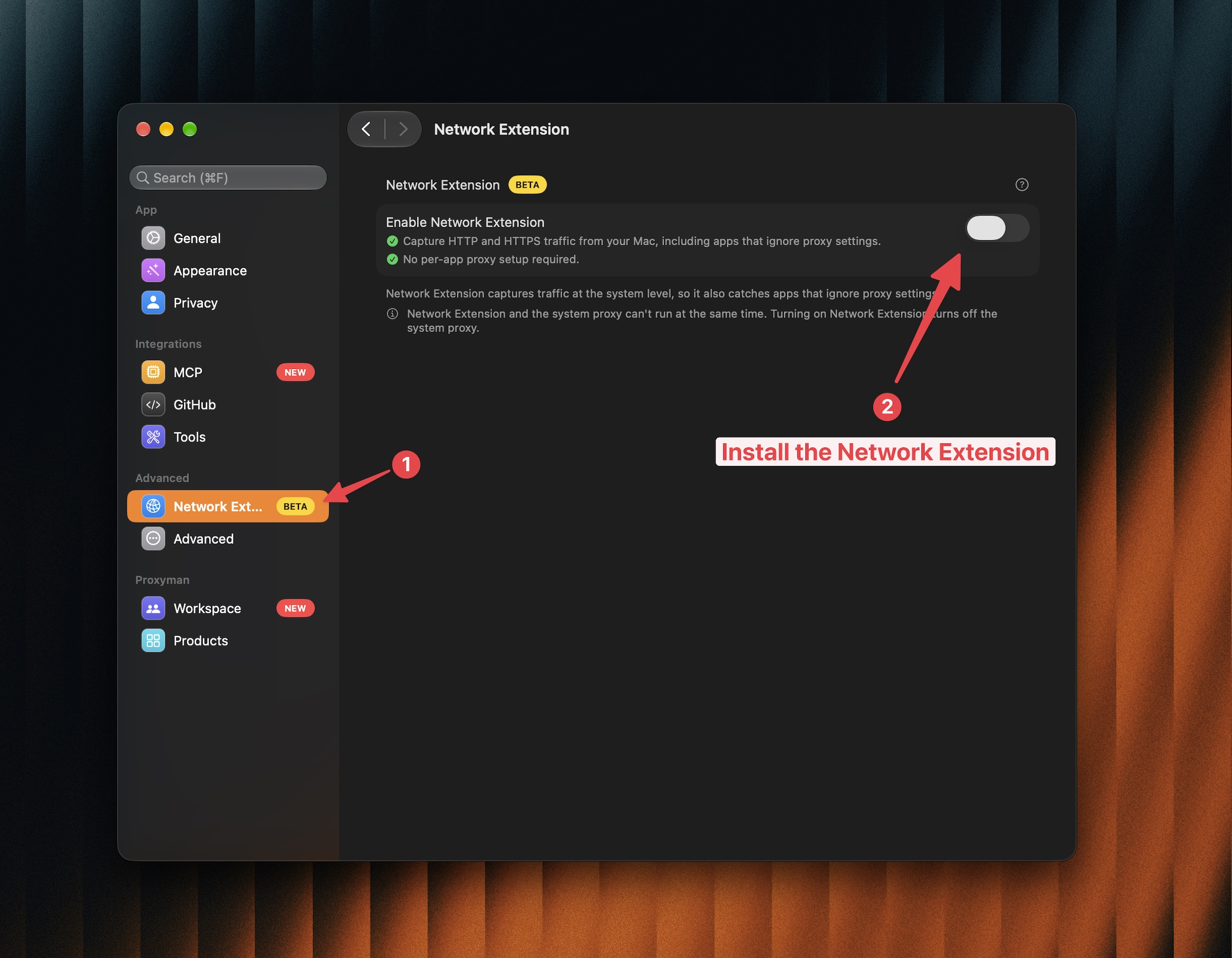 Proxyman Settings with the Network Extension pane and the Enable Network Extension toggle